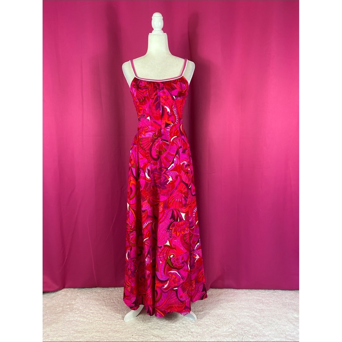 Vintage 60s 70s Deweese Designs dayglo pink Maxi dress sundress Small