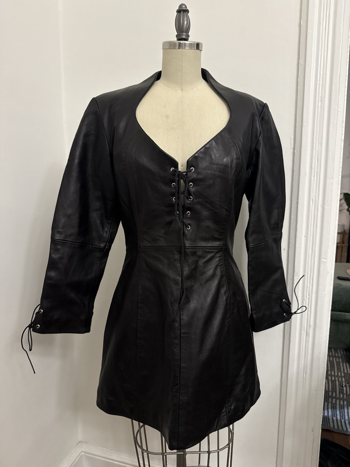 Vintage Sexy 80’s Black Leather Lace Up Dress Motorcycle Biker Babe Rocker