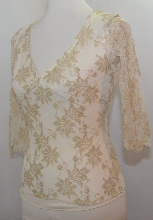 VTG 80s Wrapper Ivory Gold Lace Lined Fitted Sexy Top Women M USA Made