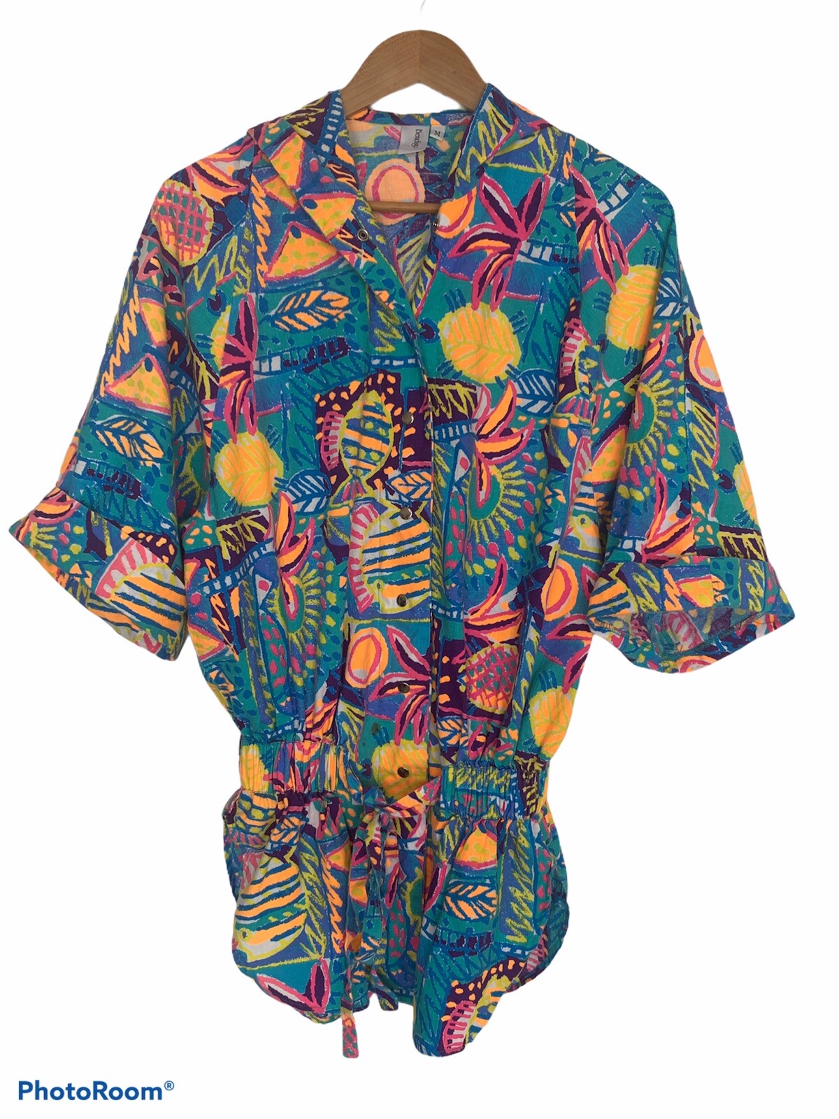 Vintage 80’s Bendigo Colorful Vibrant Funky Hooded Belted Peplum Top Medium