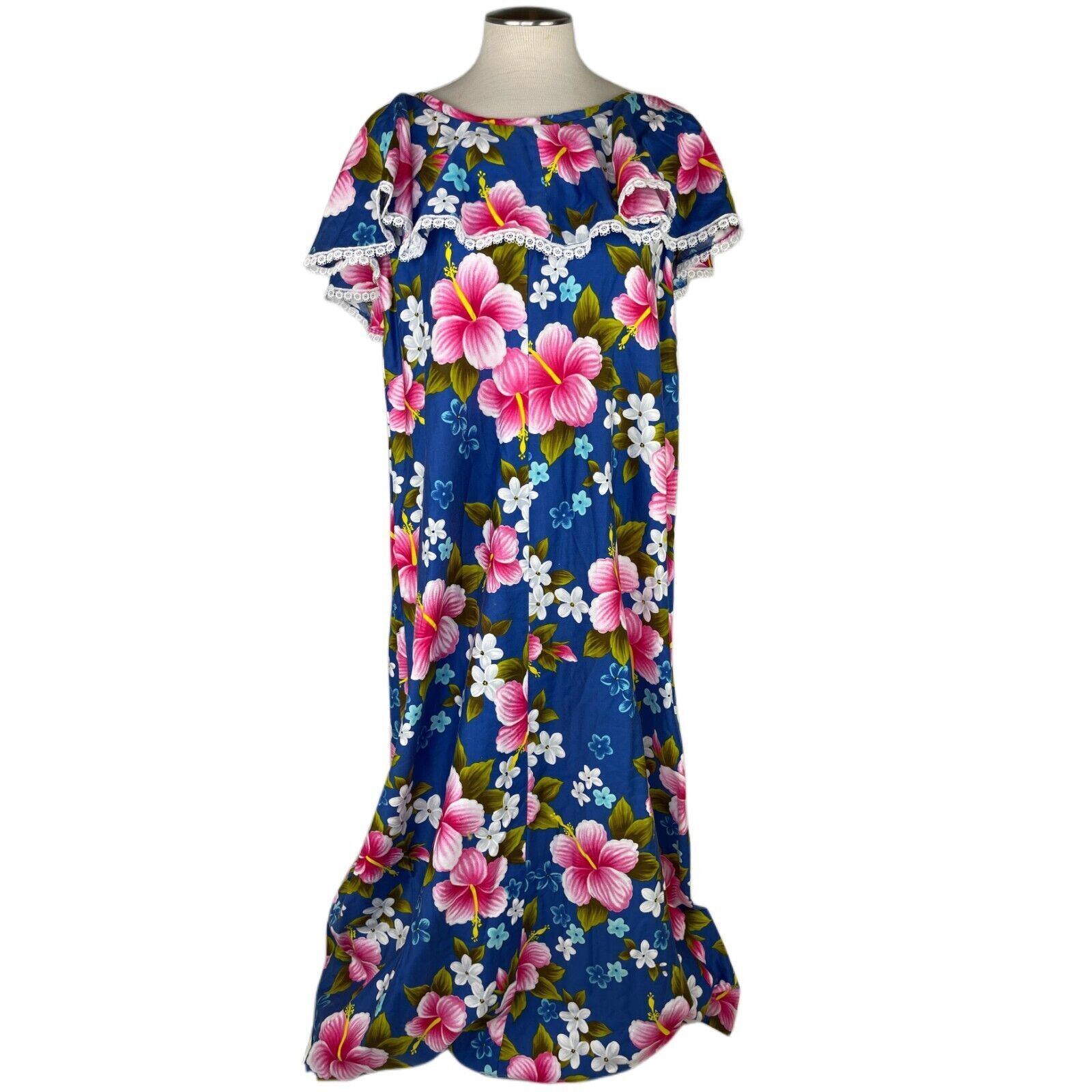 VTG Hawaiian dress 1970s tiki Custom Size 18 Harriets of Hawaii Blue Hisbiscus