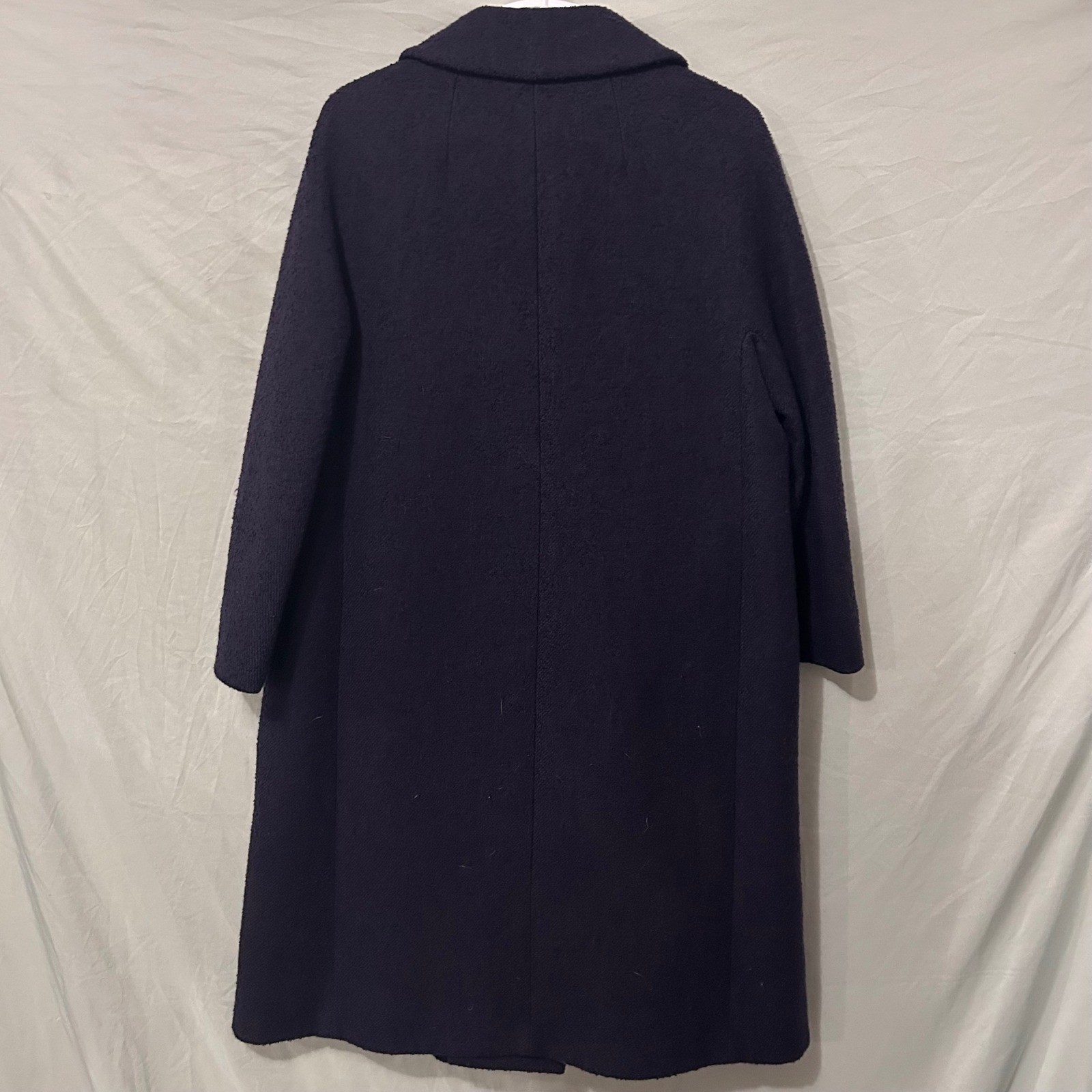 Vintage Halle Bros Co Navy Blue Wool Double Breasted Overcoat Union Made 22 PTP