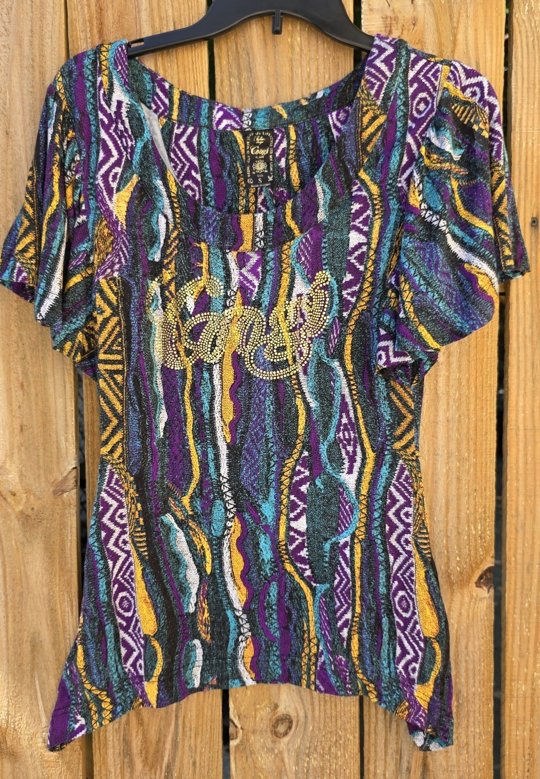 Vintage Coogi Women’s Rhinestone Logo Top Small | Y2K 90s Multicolor Abstract