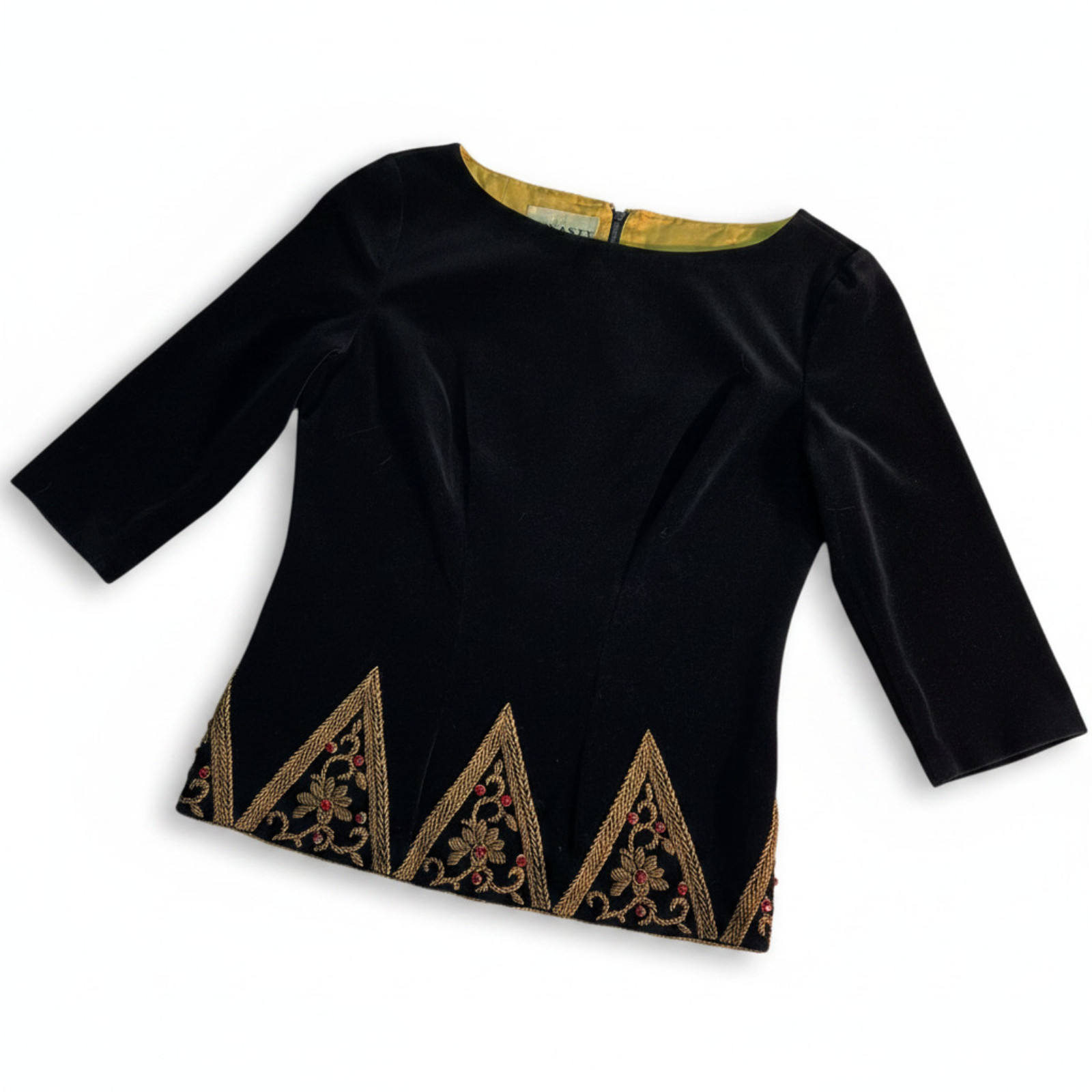 Dynasty Vintage Black Velvet Jacket Gold Bullion Embroidery Rhinestone Sz 14
