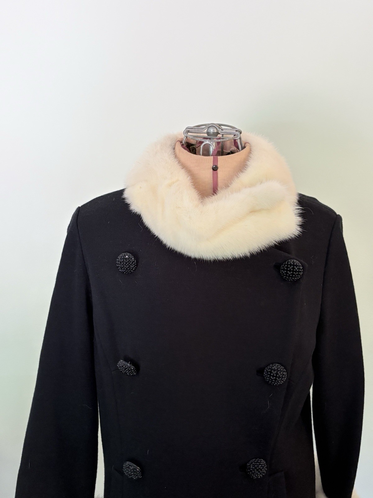 Vtg Belgium Black Wool Coat W/ White Mink Collar & Cuffs Double Breasted S/M