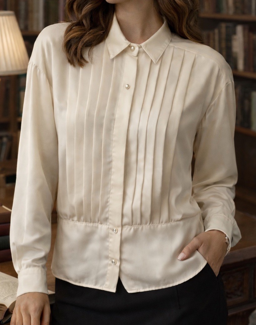 VTG 80s Counterparts Blouse Sz 12 Cream Satin Pleated Secretary Cottagecore