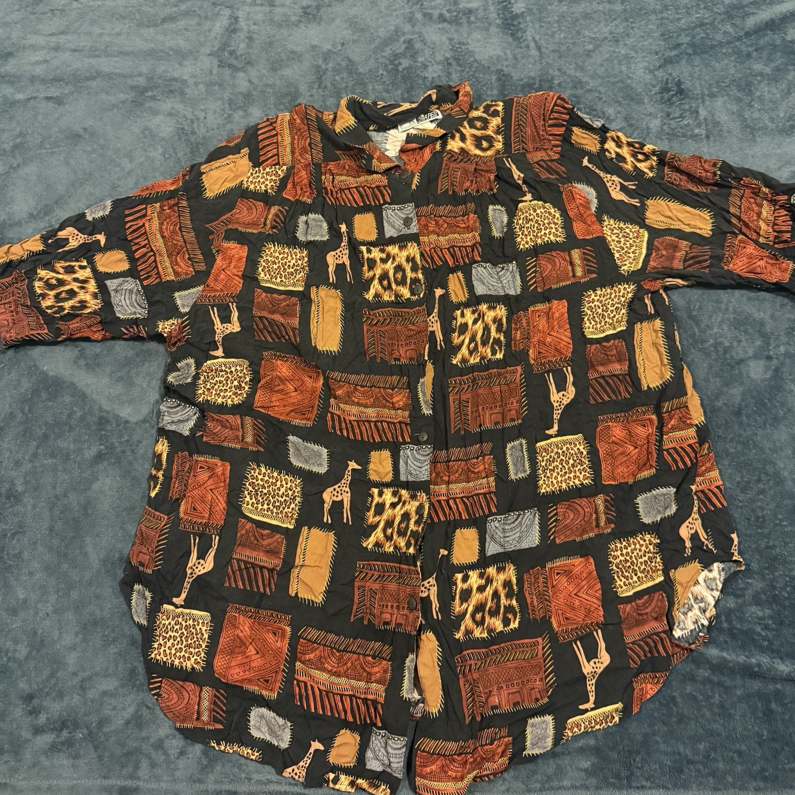 Vintage C.M. Shapes Animal Print Patchwork Giraffe Leopard Button Up Shirt