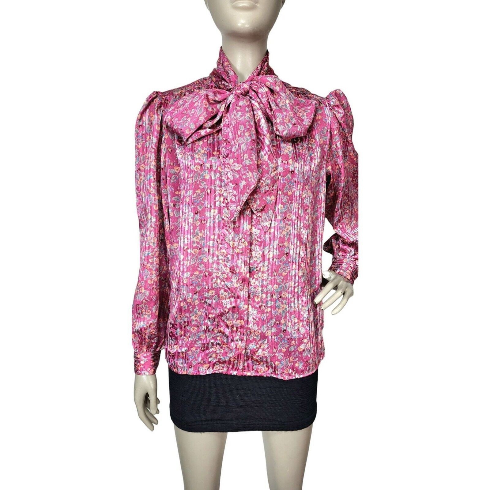VTG 70s Pink Abstract Floral Neck Bow Puff Balloon Sleeve Satin Striped Blouse
