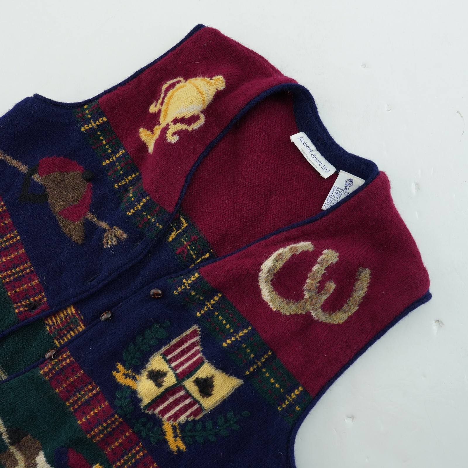 Robert Scott Ltd Vintage Sweater Vest women’s XL Hand Knit HORSE RACE equestrian