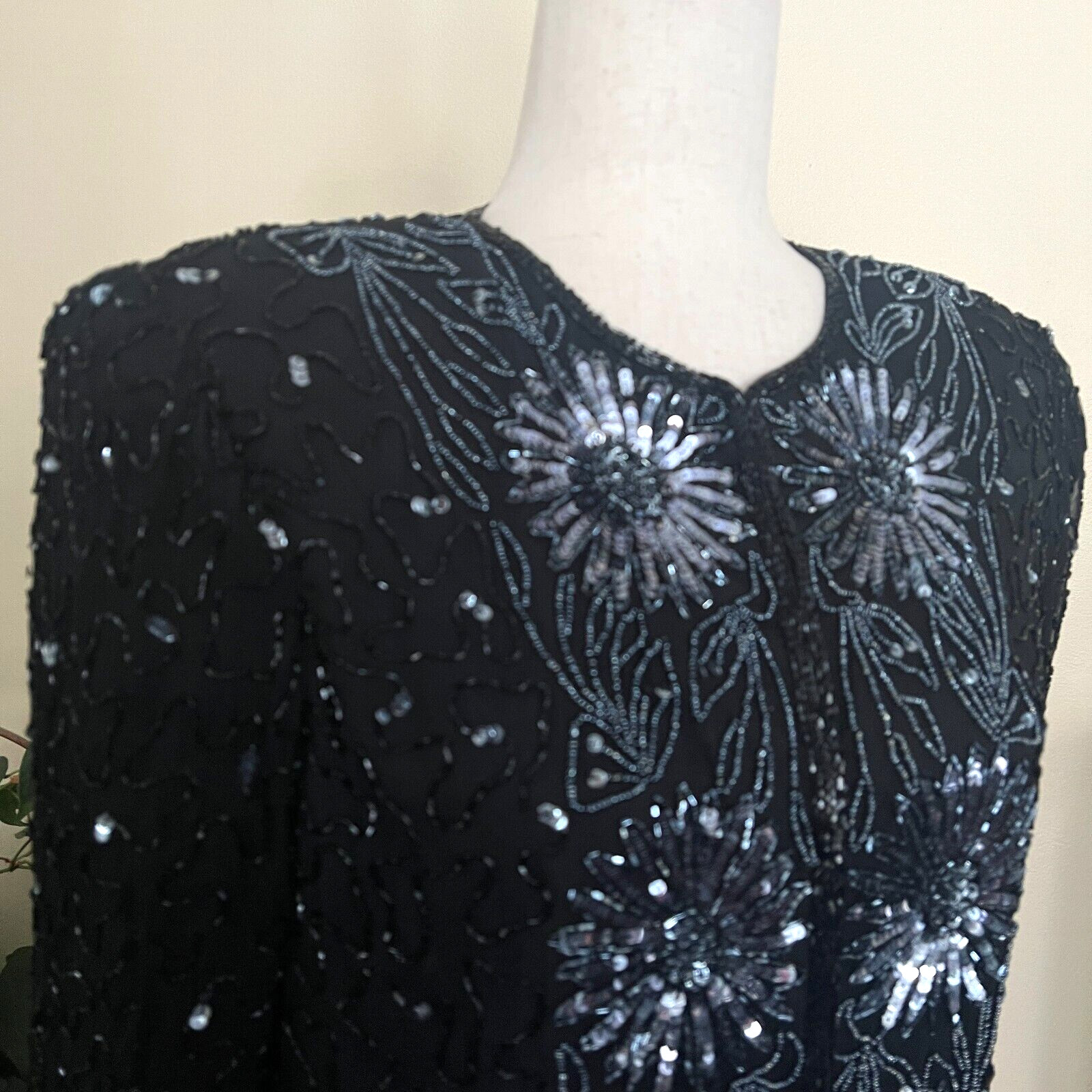 Vintage Brilliante by JA Black Silk Beaded Blouse Formal Embellished Jacket sz M