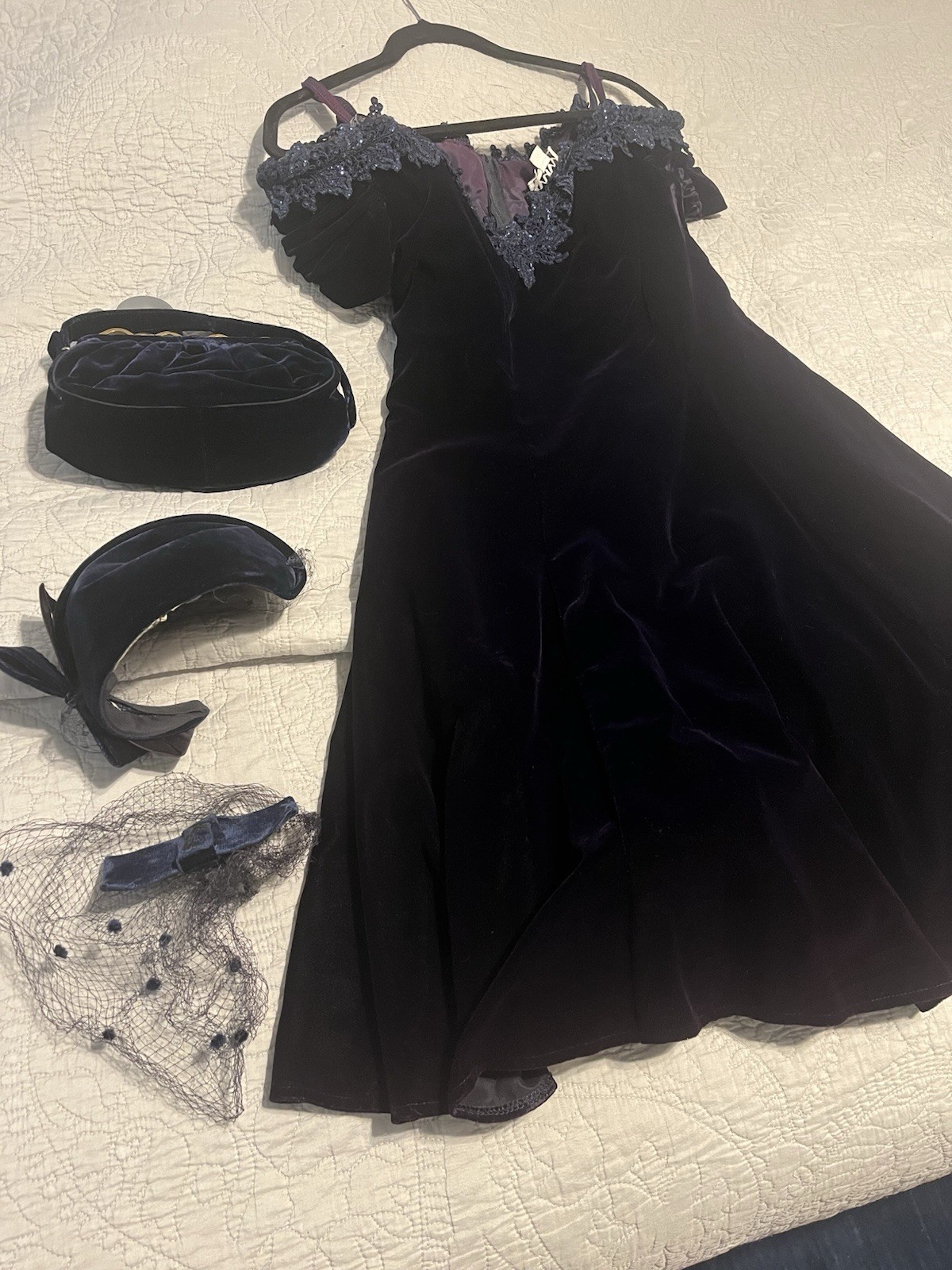 Vintage Blue Velvet Dress Set Purse Fascinator Hat Formal Evening Cocktail SZ 10