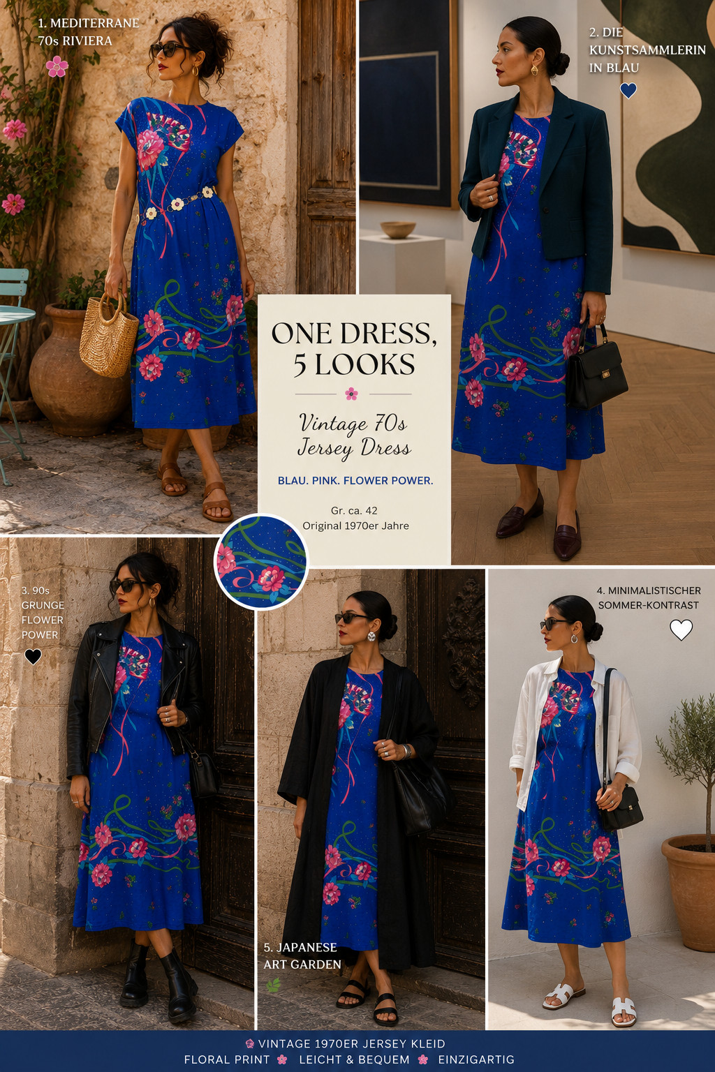 Vintage 70s Jersey Dress Blue Pink Floral A-Line Midi Belted Size 40 42 44