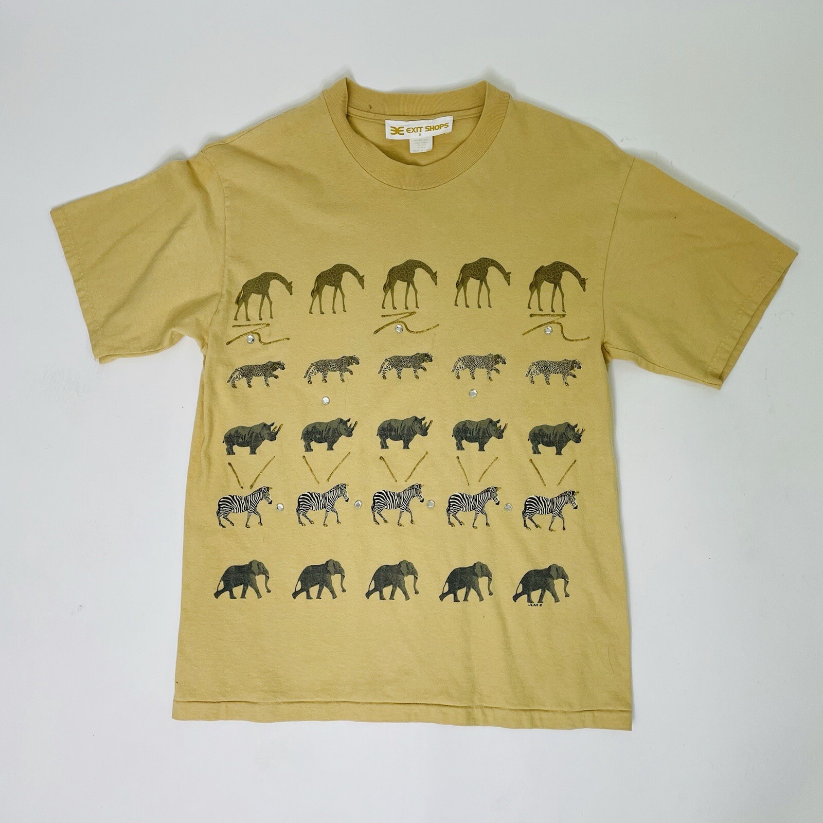 Vintage 90s USA Made Yellow Safari Giraffe Zebra Rhino Short Sleeve T-Shirt Sm