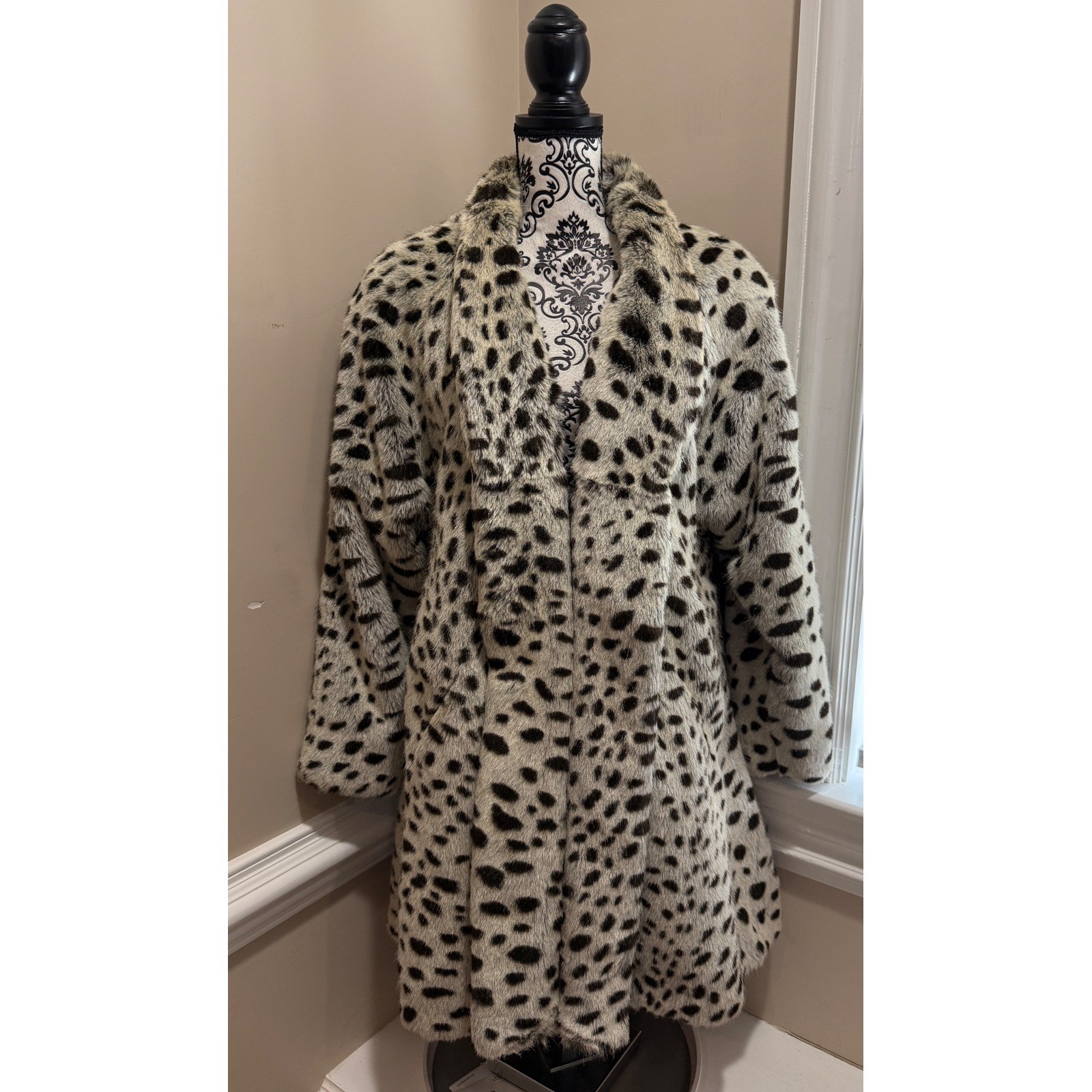 Le Nouveau Vintage Faux Fur Coat Leopard Print Shawl Collar Jacket Made in USA S