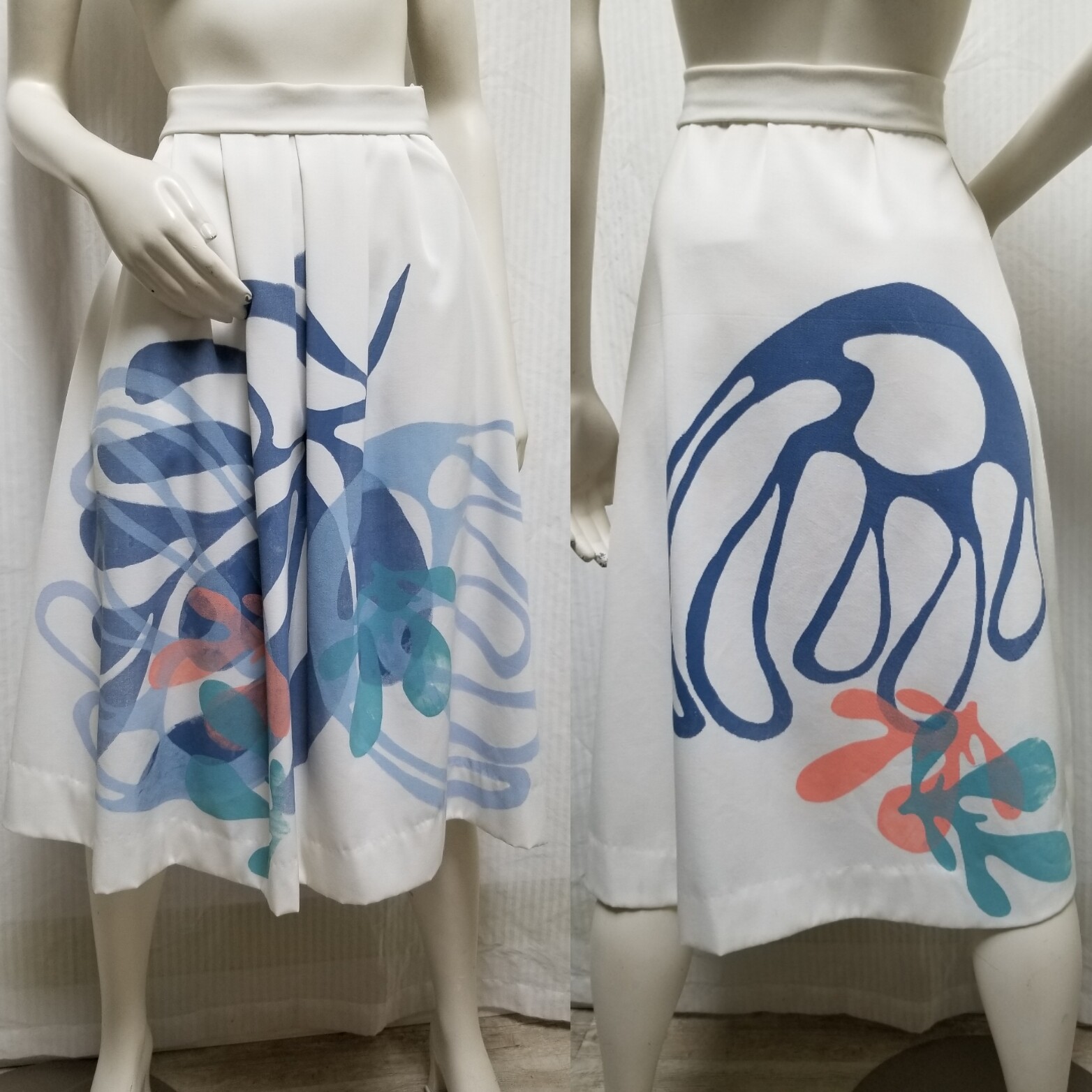Vintage White with Blue Hand Printed Design Pleat Front Skirt – Waist 30 in.