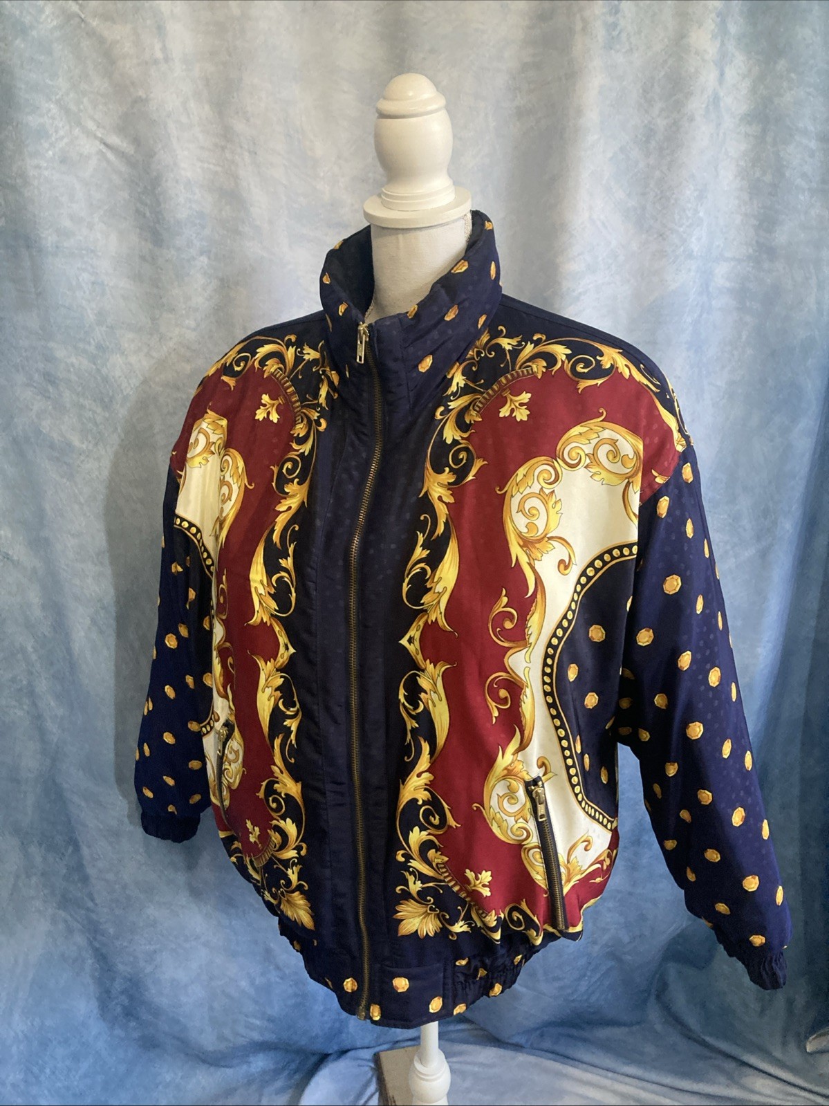 Vintage J Gallery Down Puffer Jacket Medium EUC Baroque Print 90s Korea Bomber