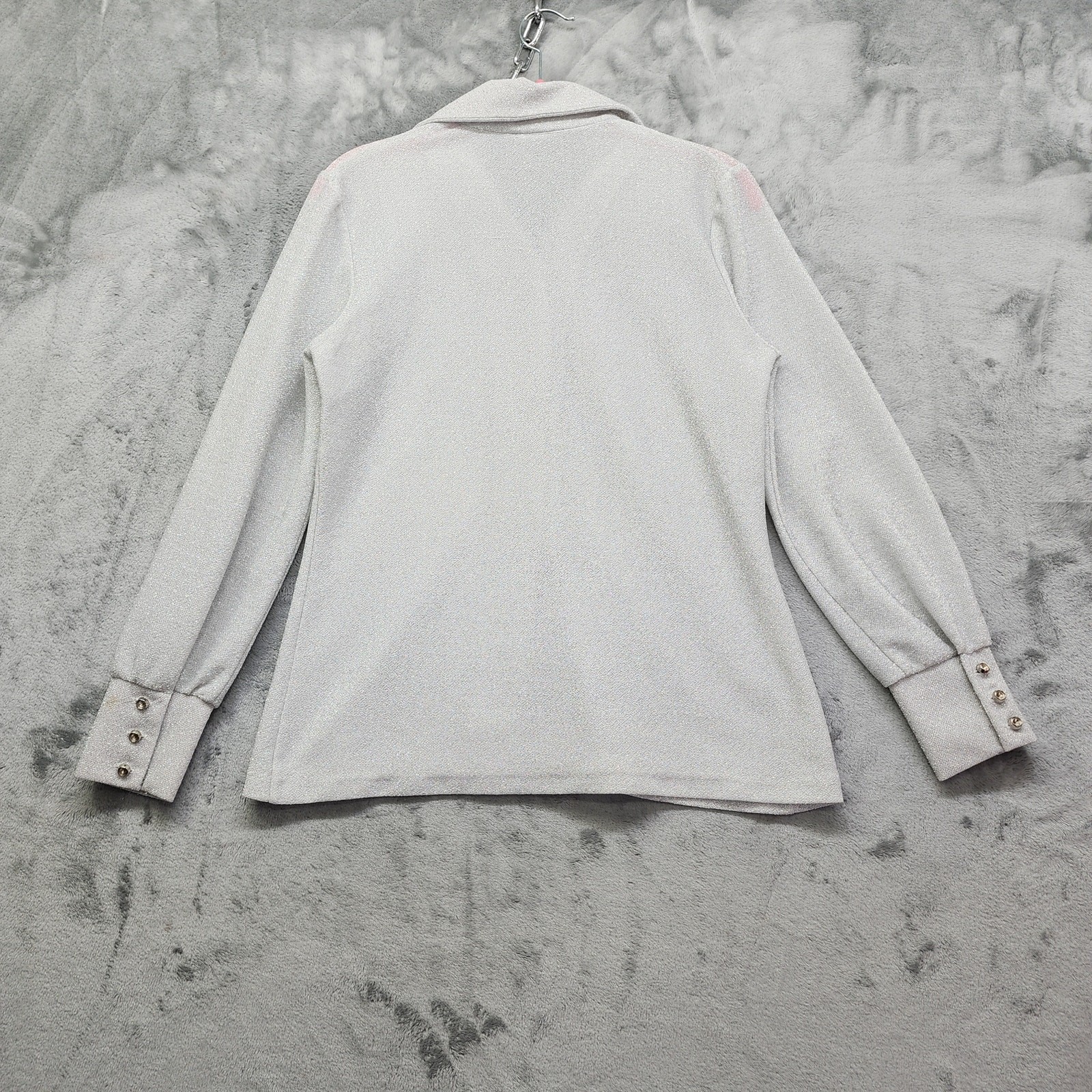 Vintage 70s Donnkenny Metallic Long Sleeve Button Up Top Size 13/14 Silver Disco