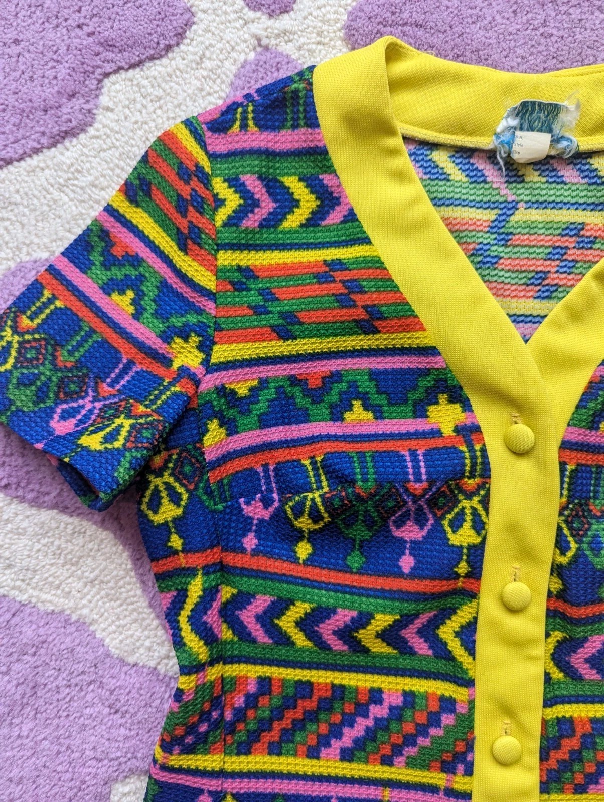 Vintage 70’s Hippie Funky Novelty Neon Rainbow Yellow Poly Tunic Top Size S/M