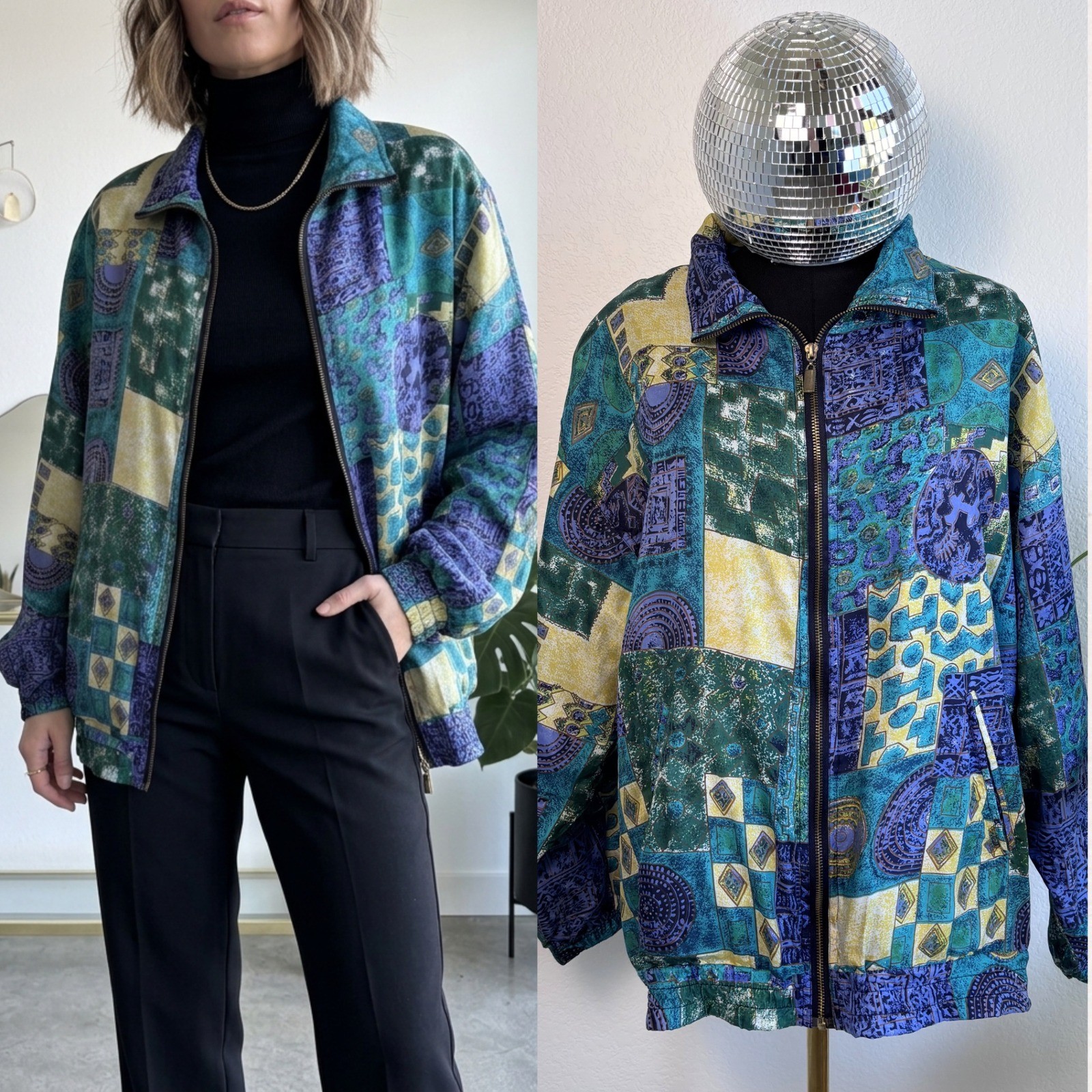 Vintage 80s 100% Silk Abstract Geometric Bomber Jacket Basic Editions Teal Large