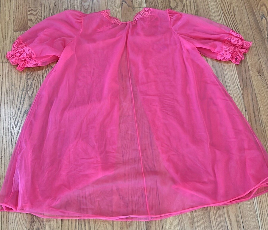 60s Vtg Pale Red Sheer Nylon MIDI Robe Chiffon & Lace Boudoir Lingerie Sexy