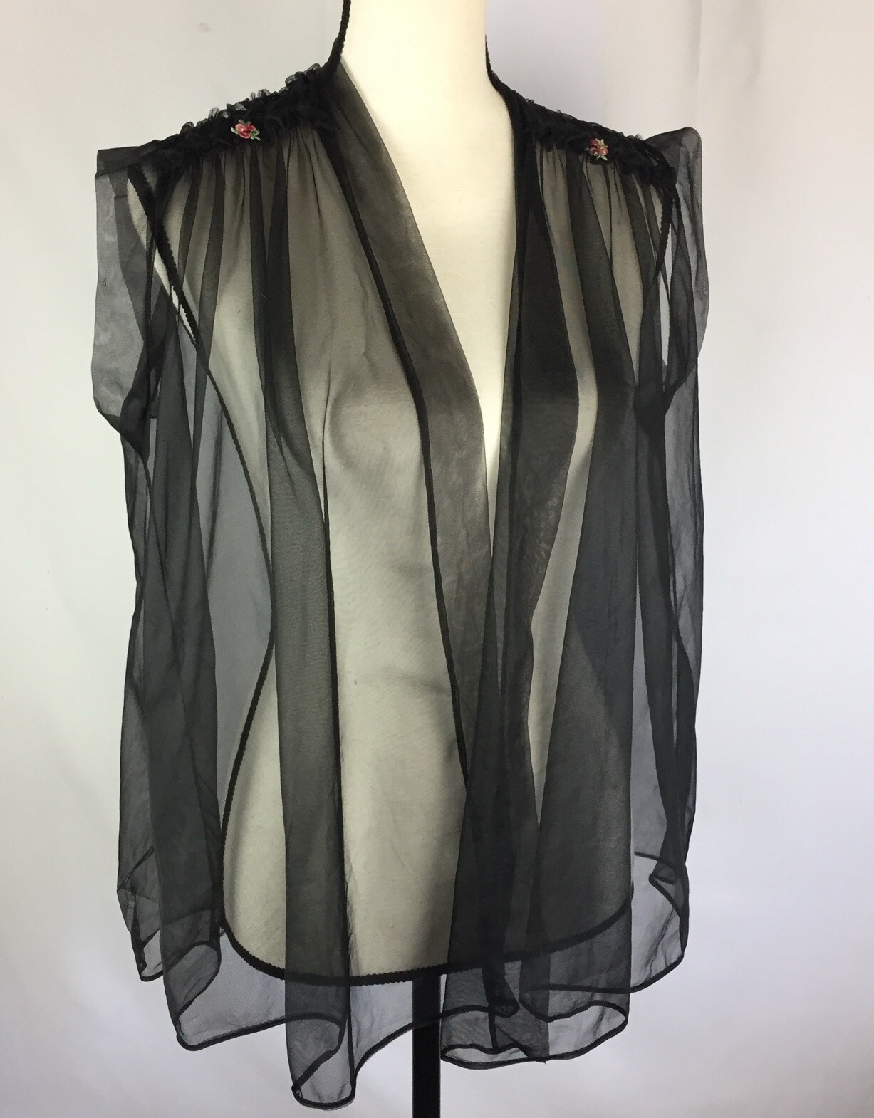 Vintage 60s Black Nylon Small Babydoll Short Robe Bed Jacket Open Front Sheer