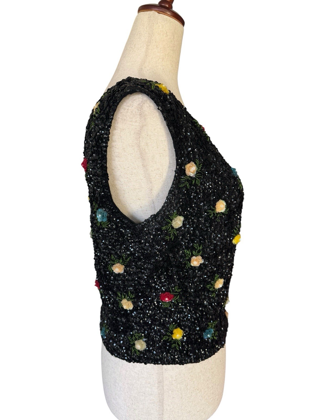Vintage 60s House of Gold Beaded Sequin Floral Sleeveless Evening MCM Top Medium