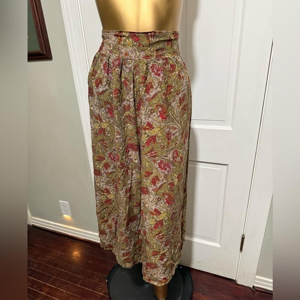 Vintage Paisley Gaucho Pants Womens Size 16 1980s 1990s Olive Green Red