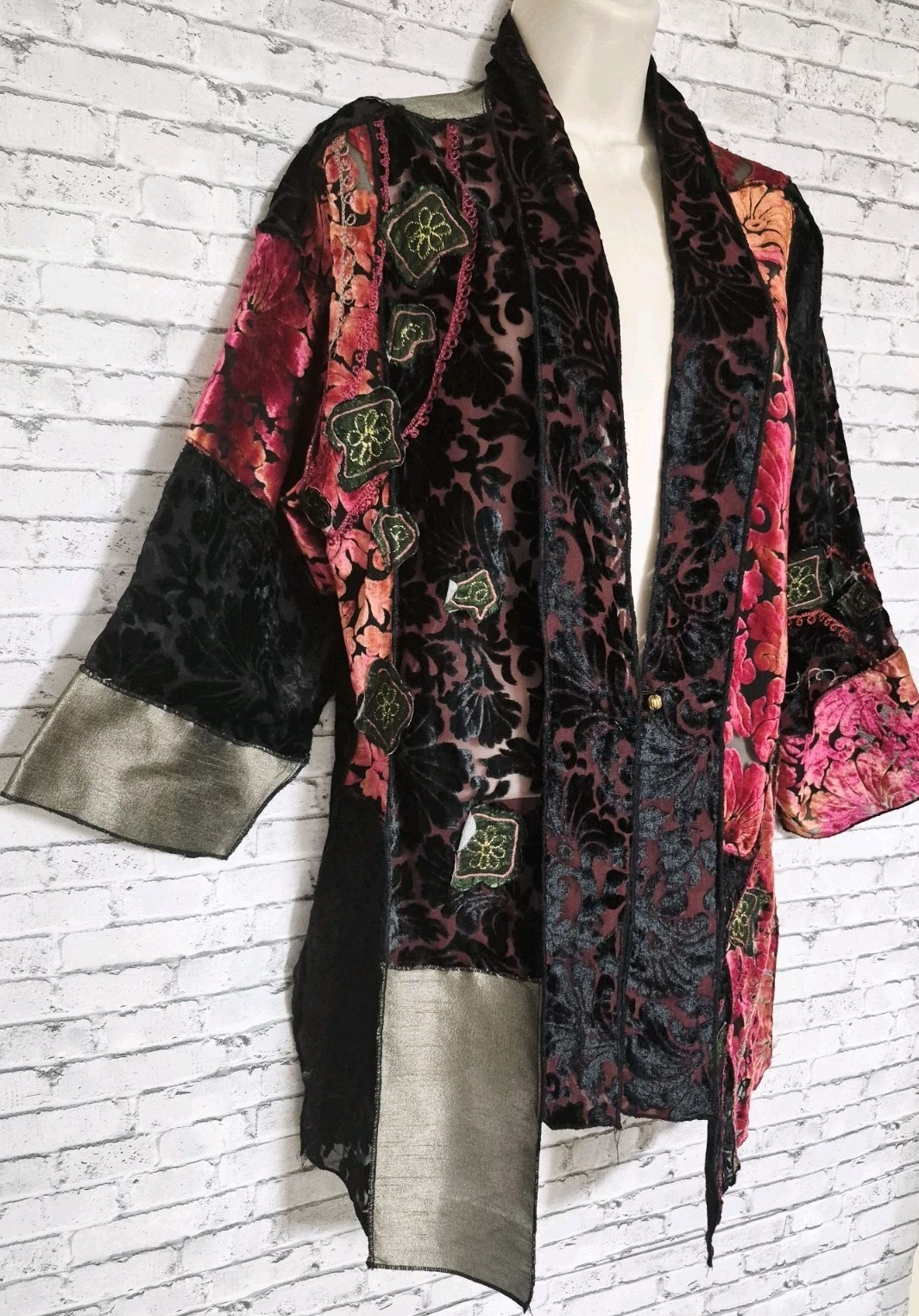 Vintage Alex Kim Womens M Black Velvet Burnout Patchwork Embroidered Art To Wear