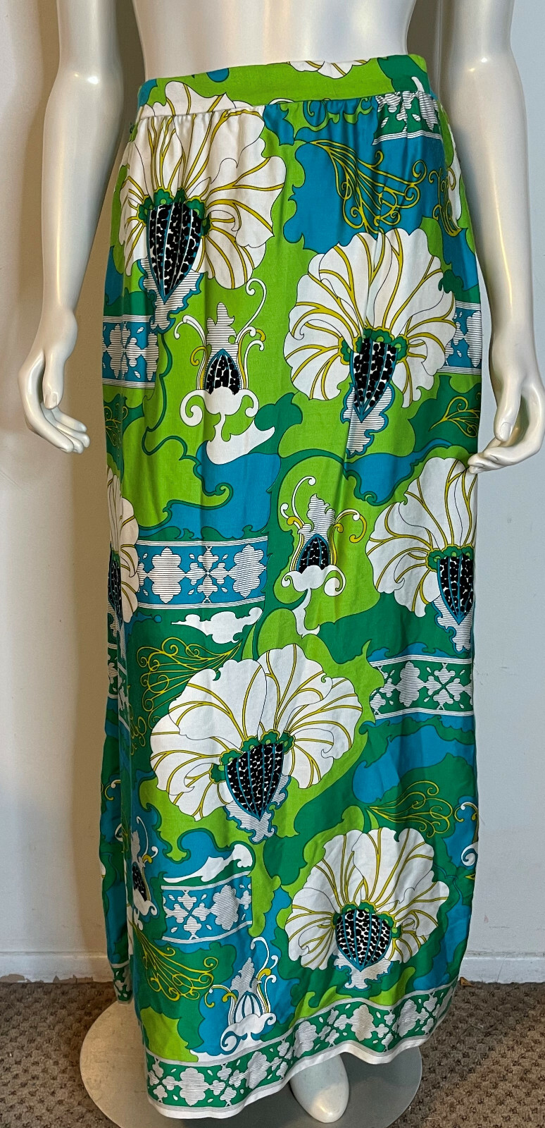 Vintage Alex Coleman 60s 70s Mod Floral Long Maxi Skirt S M Green Blue Art Deco