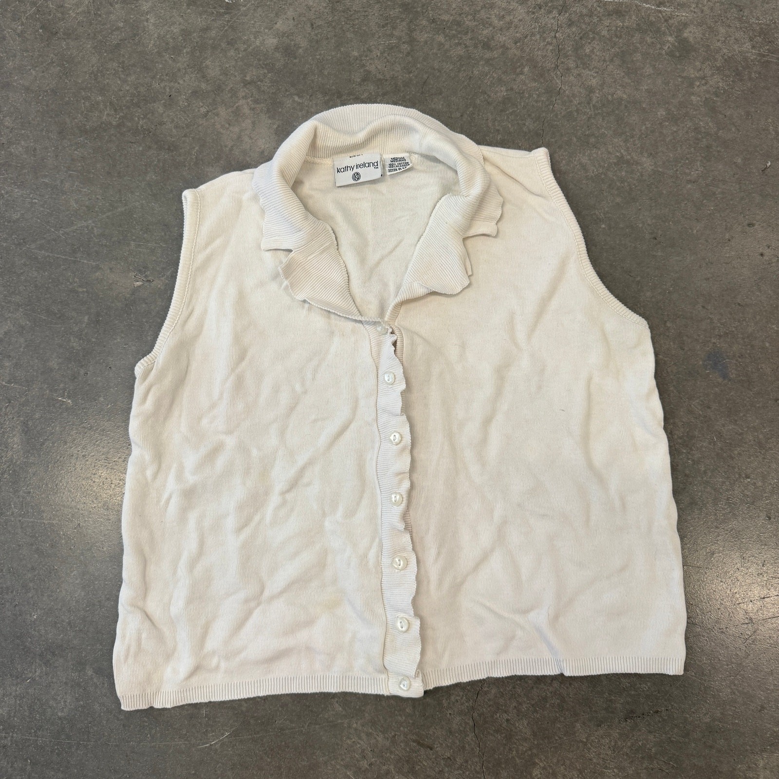 Vintage Y2K Kathy Ireland White Knit Ribbed Button Up Vest Tank Top Medium