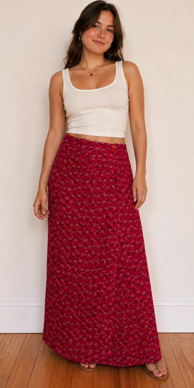 1970s India Imports of Rhode Island Cotton Floral Block Print Maxi Wrap Skirt XS