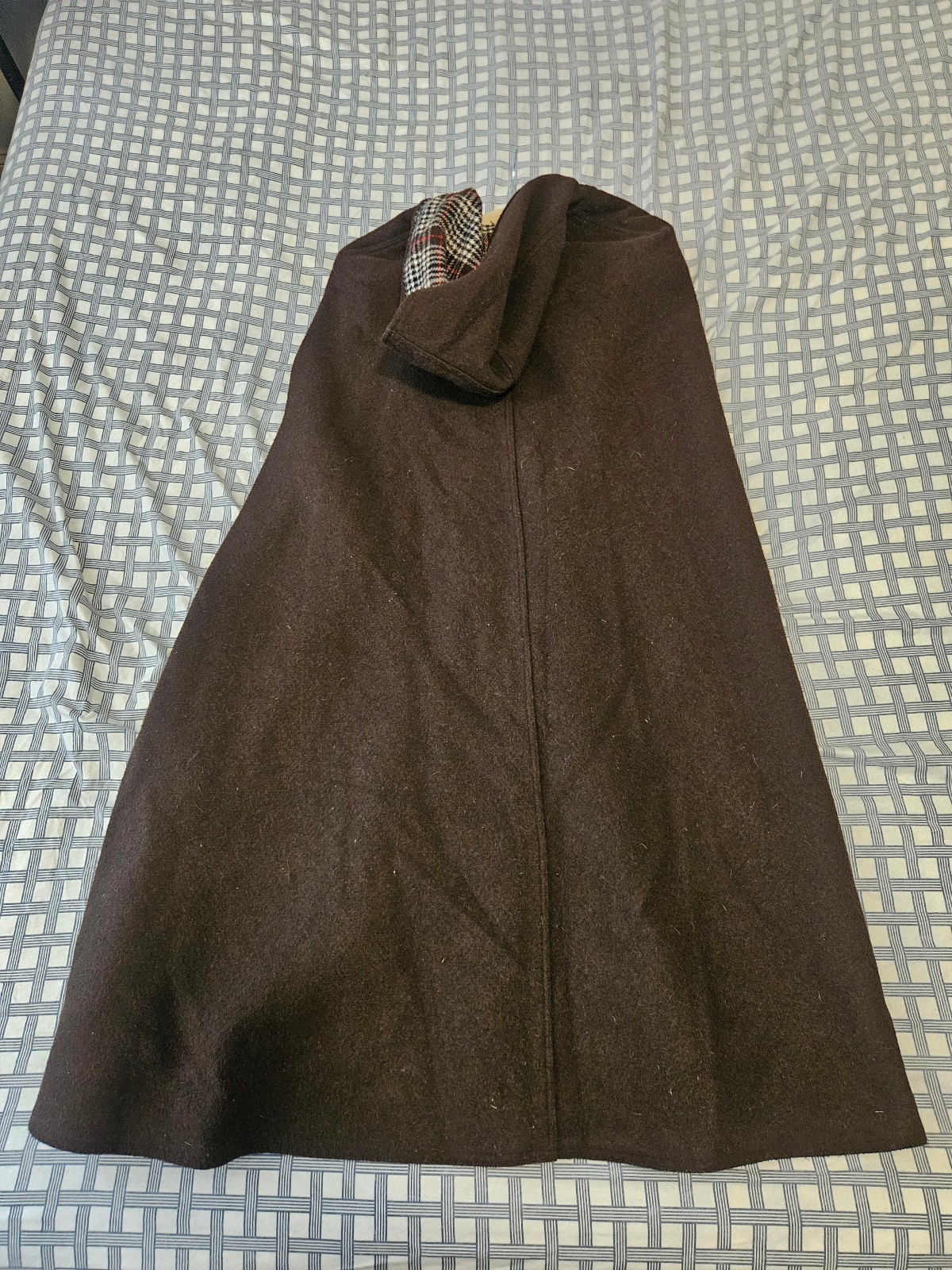 Vintage Brown Wool Hooded Cape with Houndstooth Plaid Lining