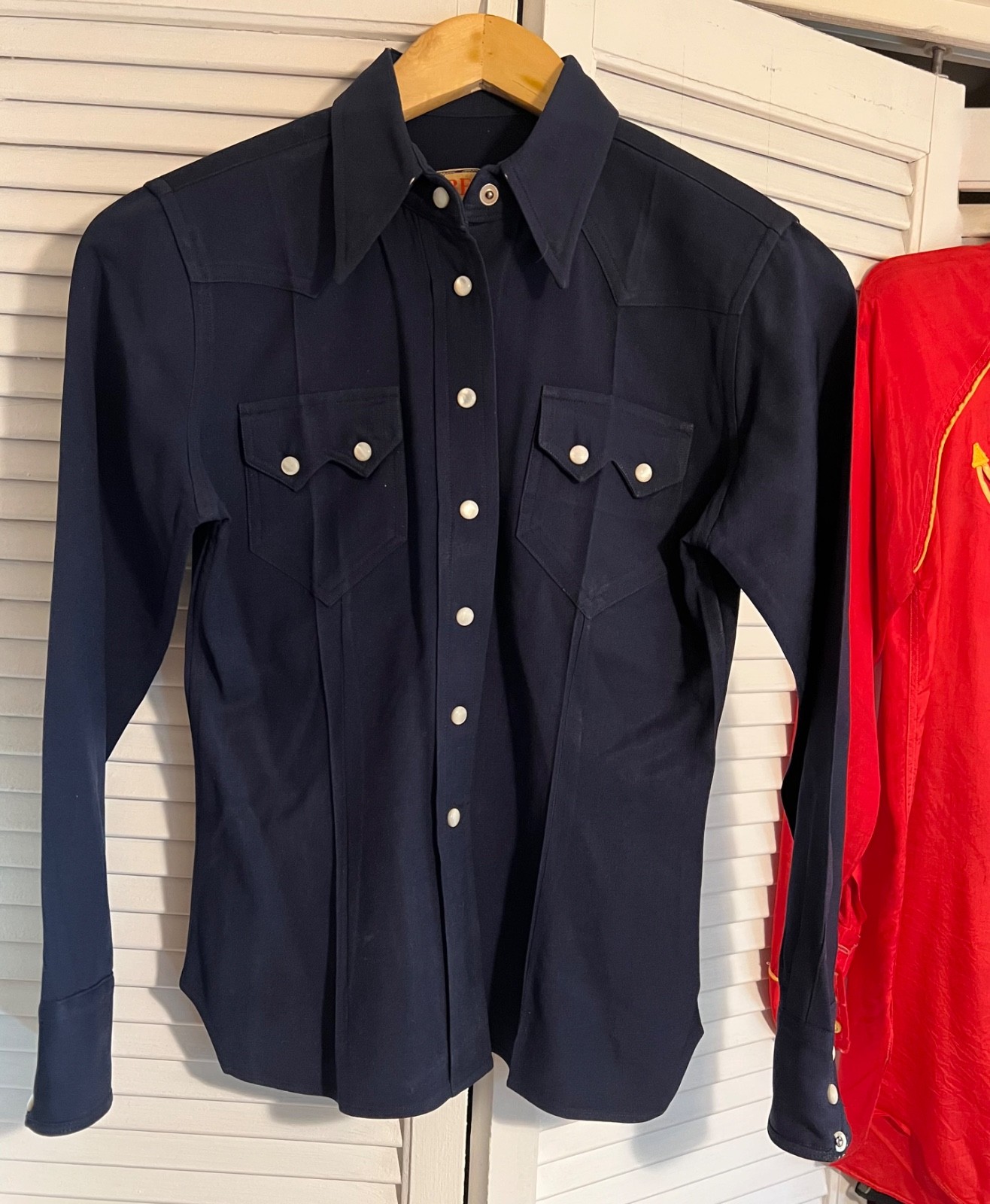 Rodeo Ben Shirt Blouse Vintage 1950s Western Cowgirl Cowboy Snaps XS Navy Blue