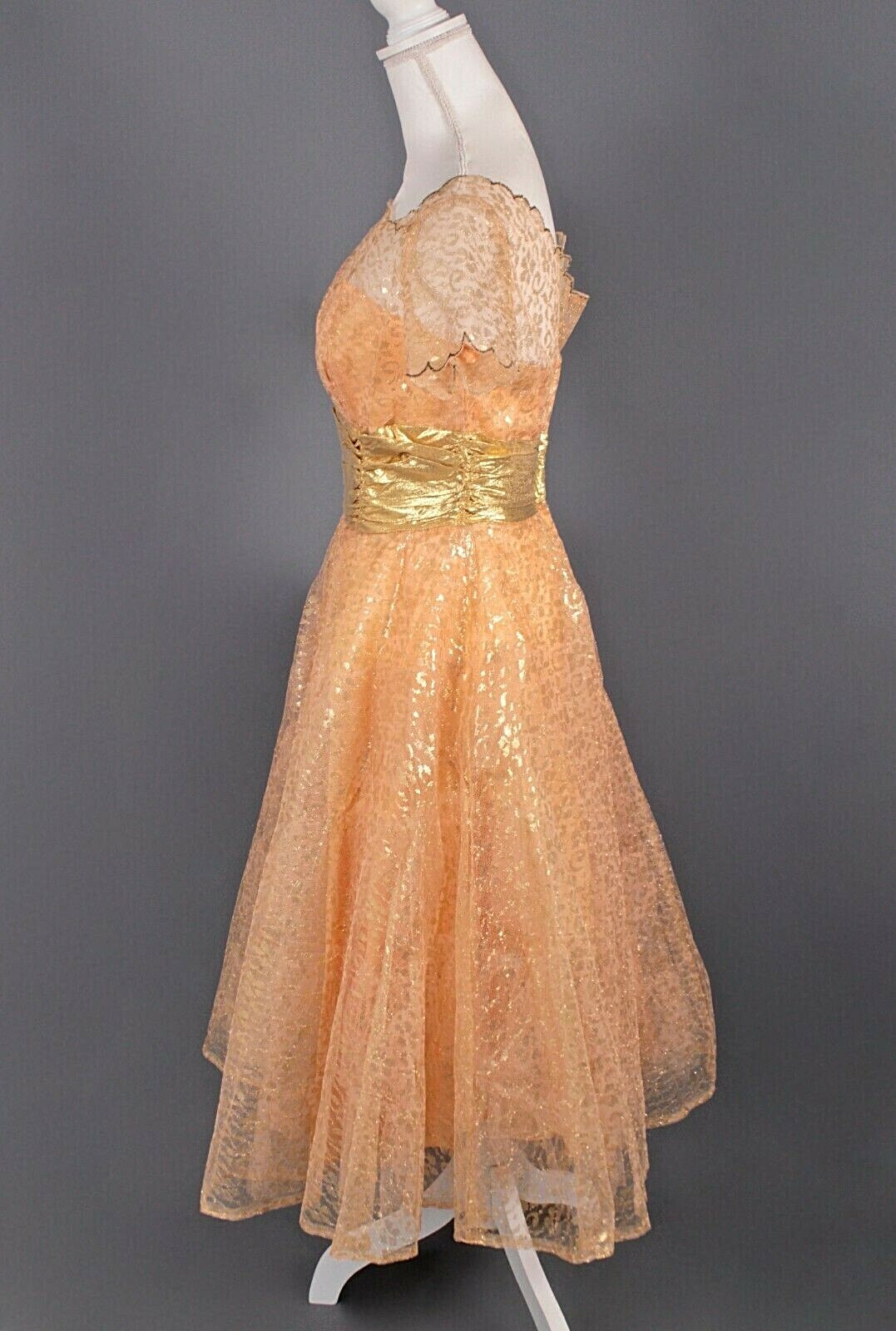VTG Women’s 50s Beige & Gold Formal Dress Sz S Lace & Tulle Aldens