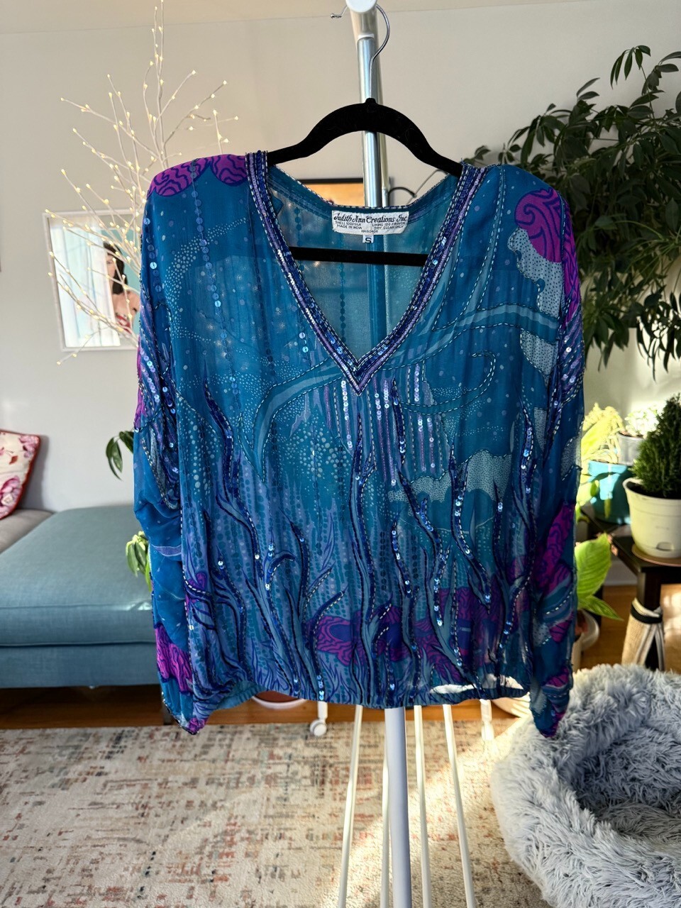 Electric blue and purple vintage silk top, beaded, sequin