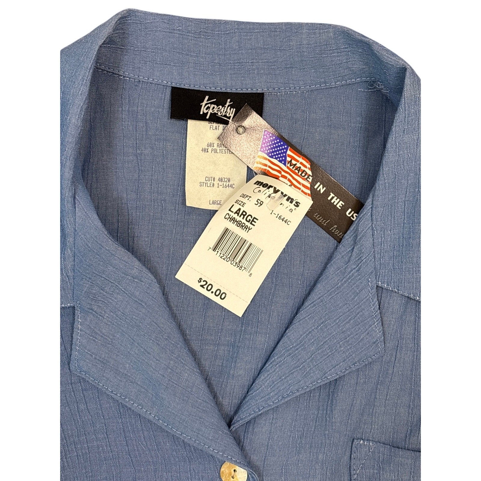VTG NWT Tapestry light Blue chambray Large Button up shirt airy rayon blend