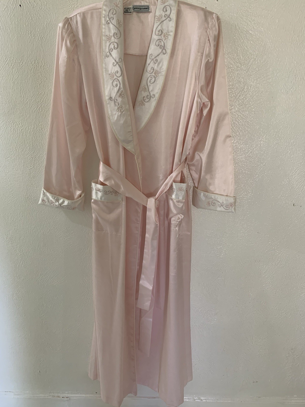 80s Vintage Lauren Alexandra Pink Satan Robe With faux Pearl accents