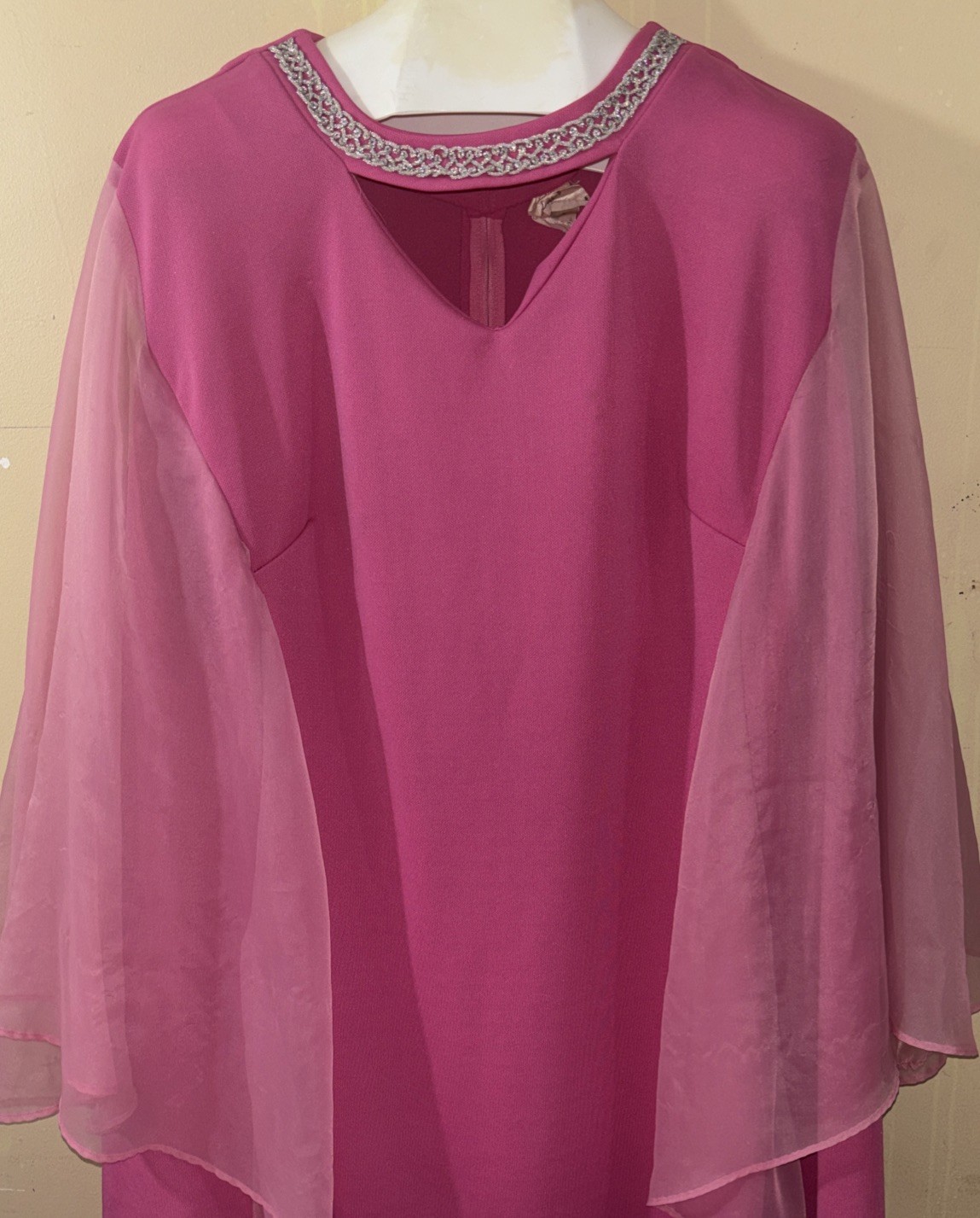 Vintage 70S Lane Bryant Gown Polyester Embellished Collar Flutter Sleeve Pink D