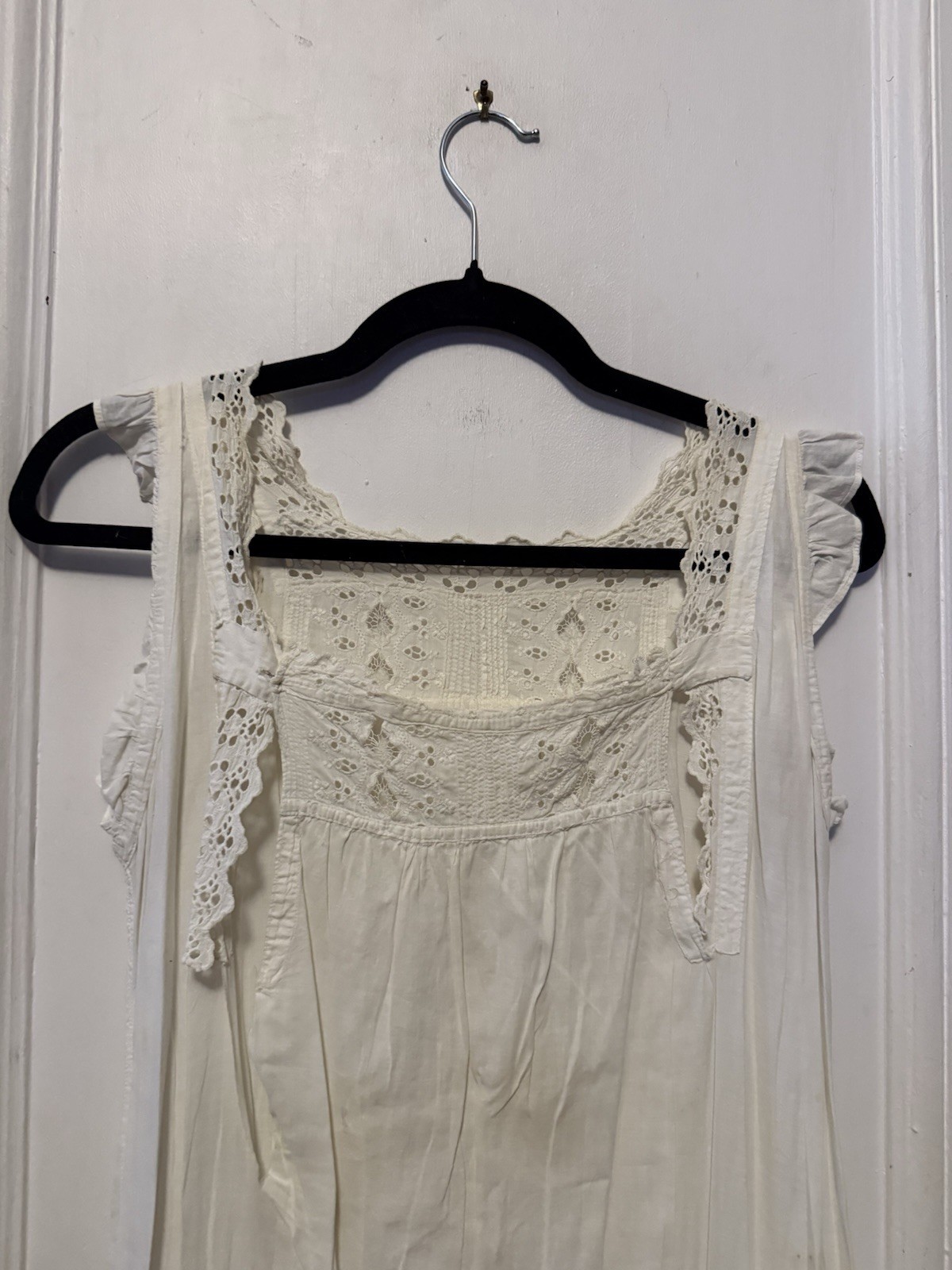 Antique 1910s Edwardian White Cotton Chemise Nightshirt Floral Embroidery Eyelet