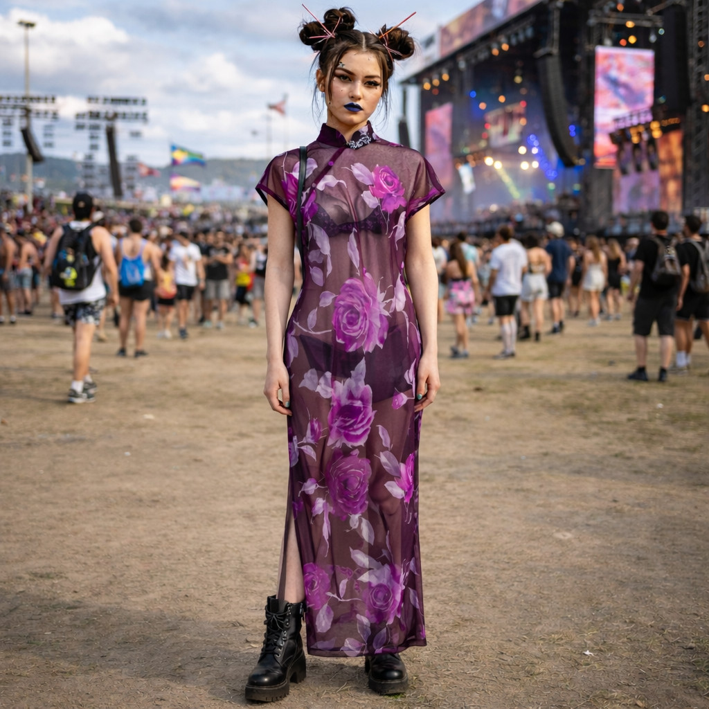 Vintage 1990s Sheer Floral Maxi Cheongsam Dress. Festival Glam Grunge Rave Pinup