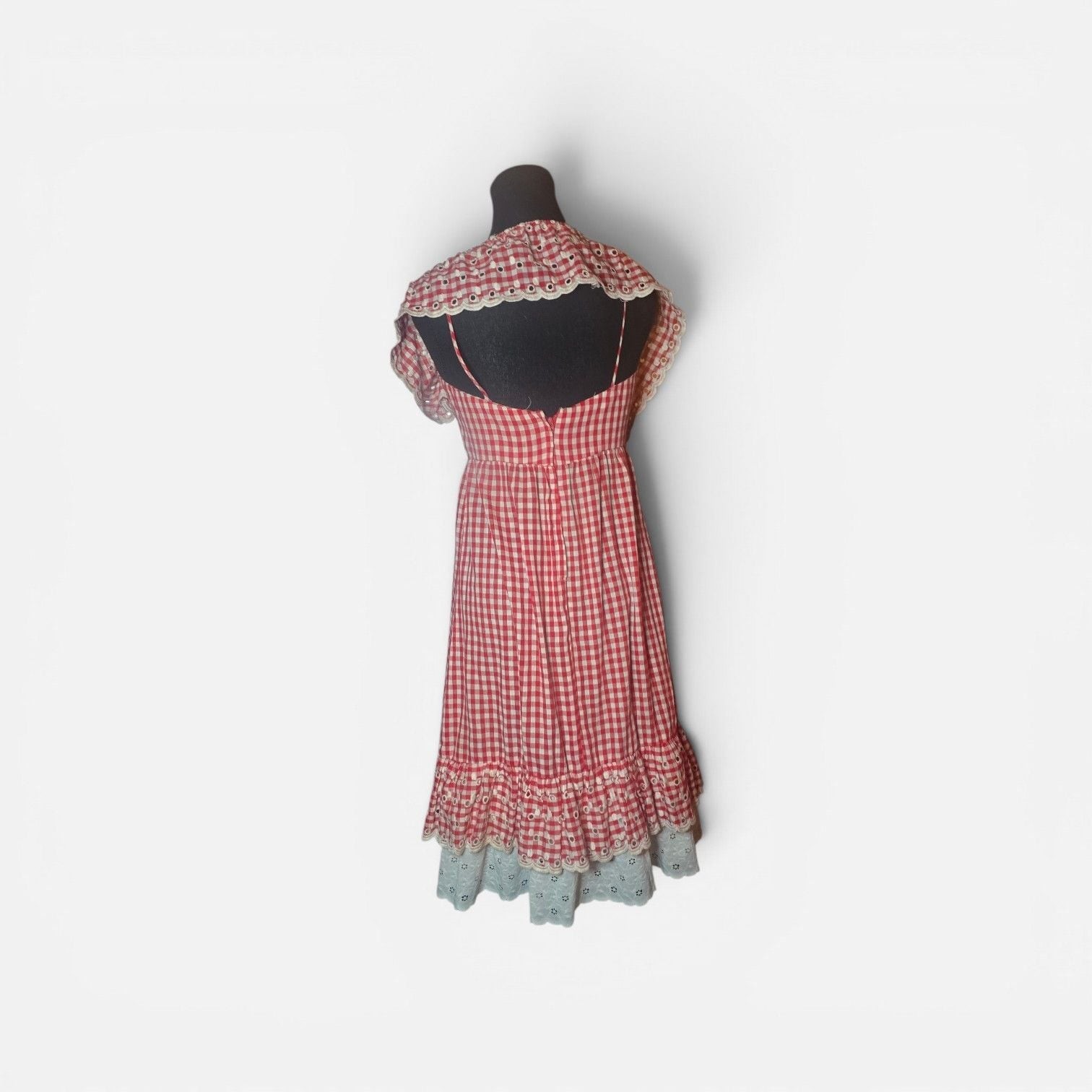 Vintage ALMOR New York Red Gingham Cottagecore Dress Eyelet Lace
