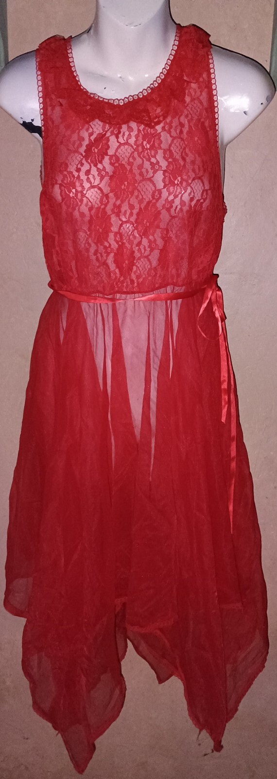 Vintage Spotlight Nightgown Sheer Nylon Chiffon Red Handkerchief Hem Sz S/M