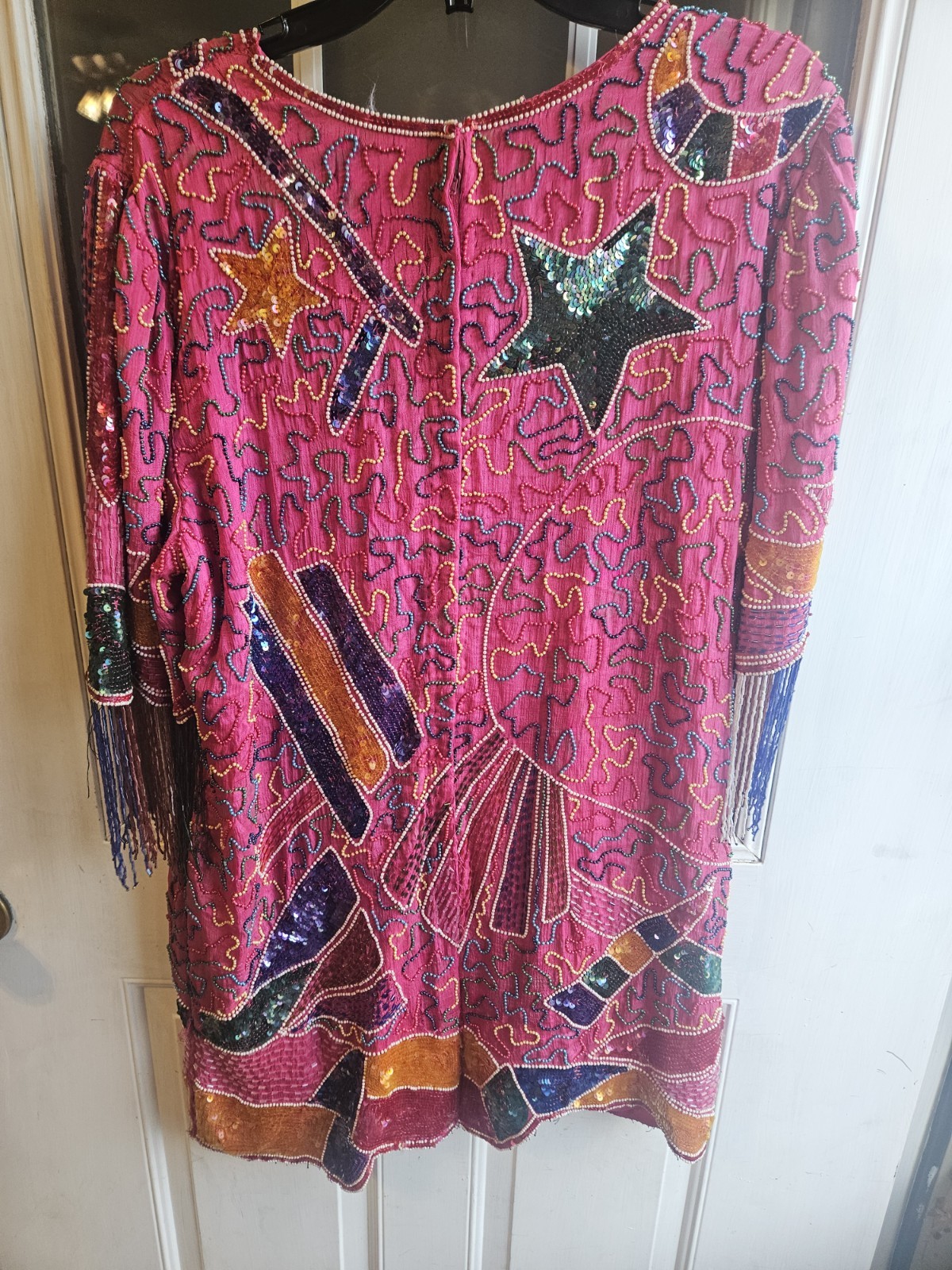 Vintage 80s Flapper 100% Silk Funky Beaded Whimsical Retro Large Sequin Dress