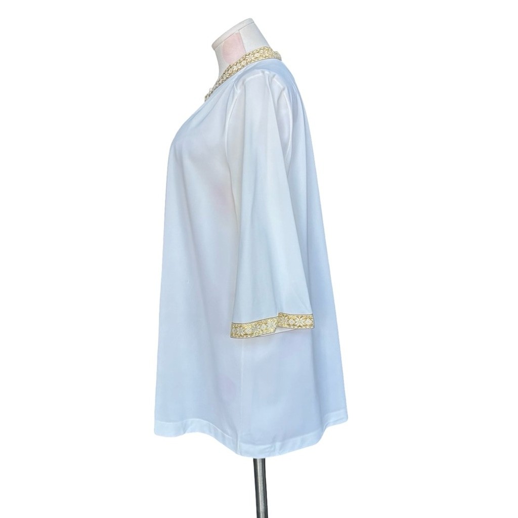 Vintage Tunic Top – White with gold cuff and collar accents – 38 (medium)