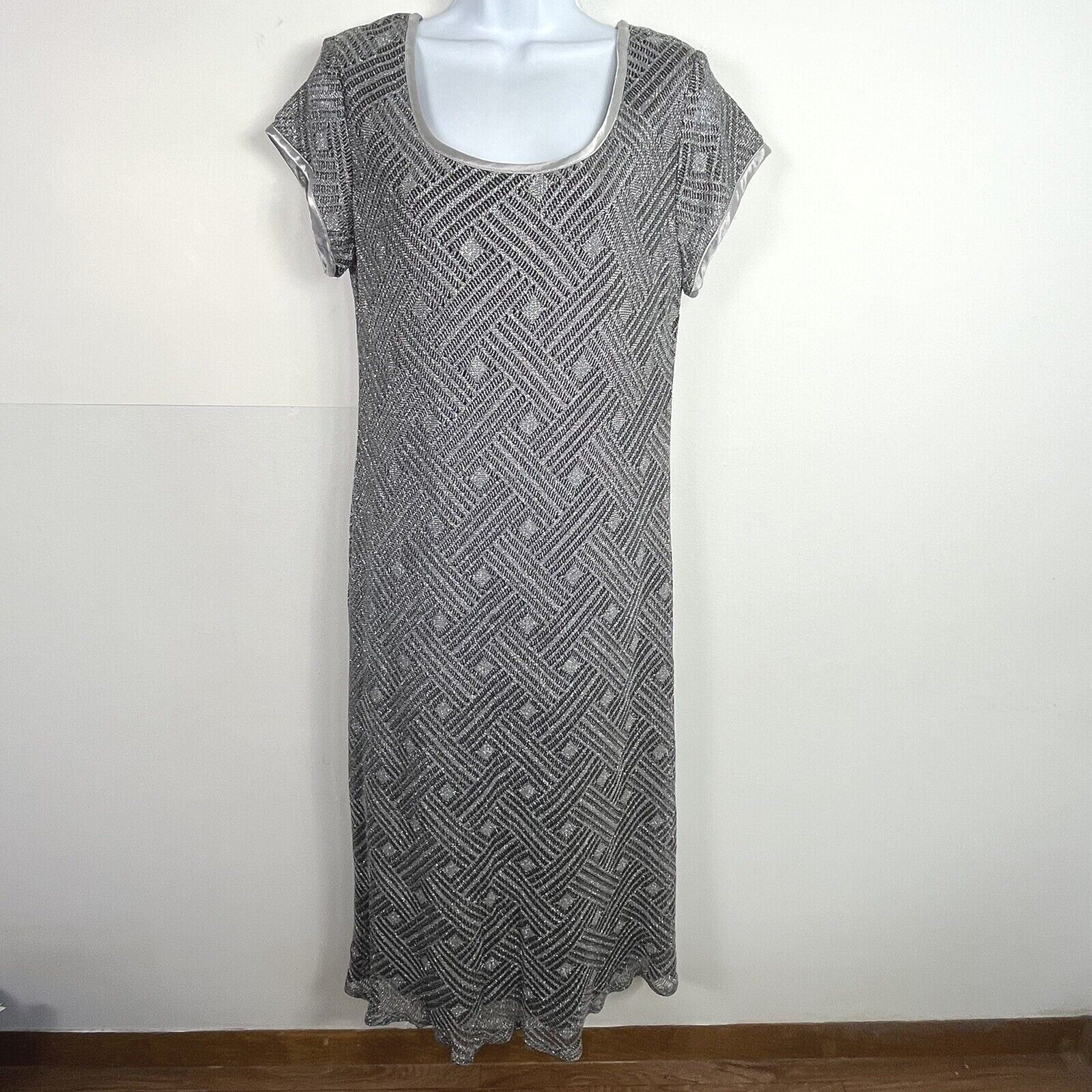 S.L. Fashions Gray Geometric Dress sz 12 Cap Sleeve Midi Modern Minimal VINTAGE