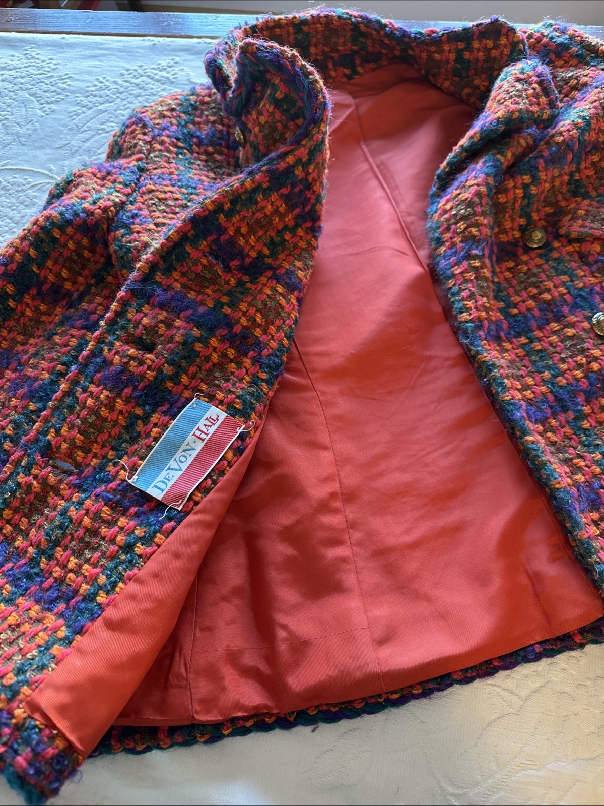 1980s Tailored Devon Hall Tweed Wool Plaid Lined Jacket & Skirt Suit 2pc sz 2