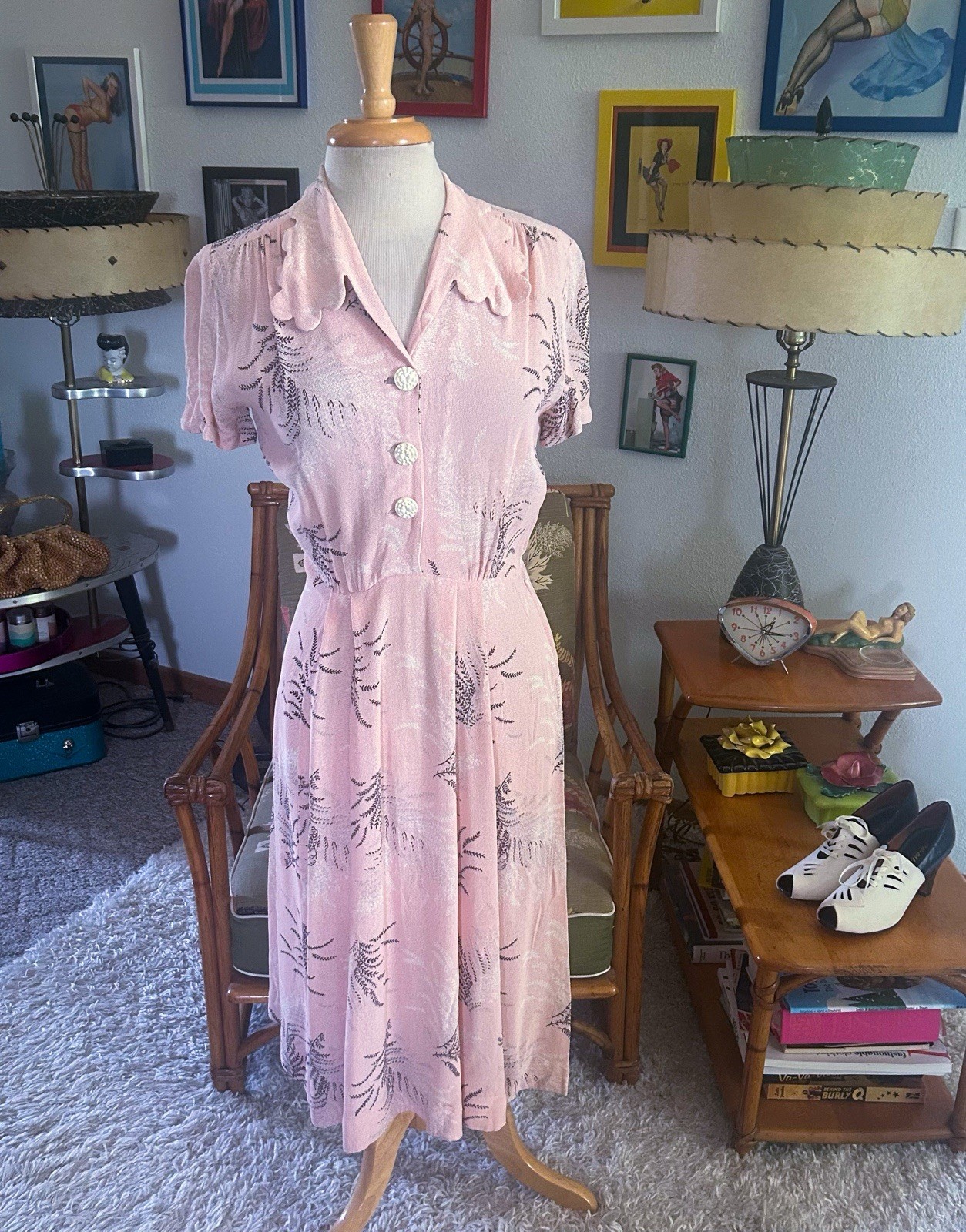 Vintage 1940s Dress | Floral | Pink | M L | 40s | a-line | Pinup