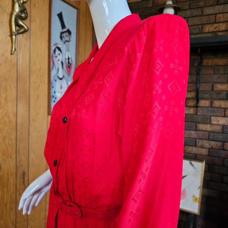 Vtg 80s Silk Jacquard Secretary Liz Claiborne Lipstick Red Femme Boss Dress S/M