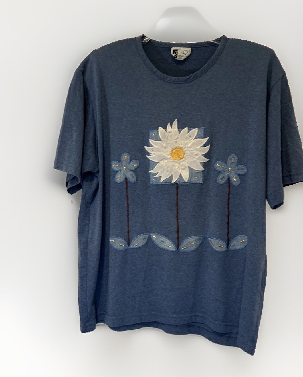 Cotton LA T-Shirt Women XL Blue Vtg 80s Daisy Flower Graphic Embroidered USA