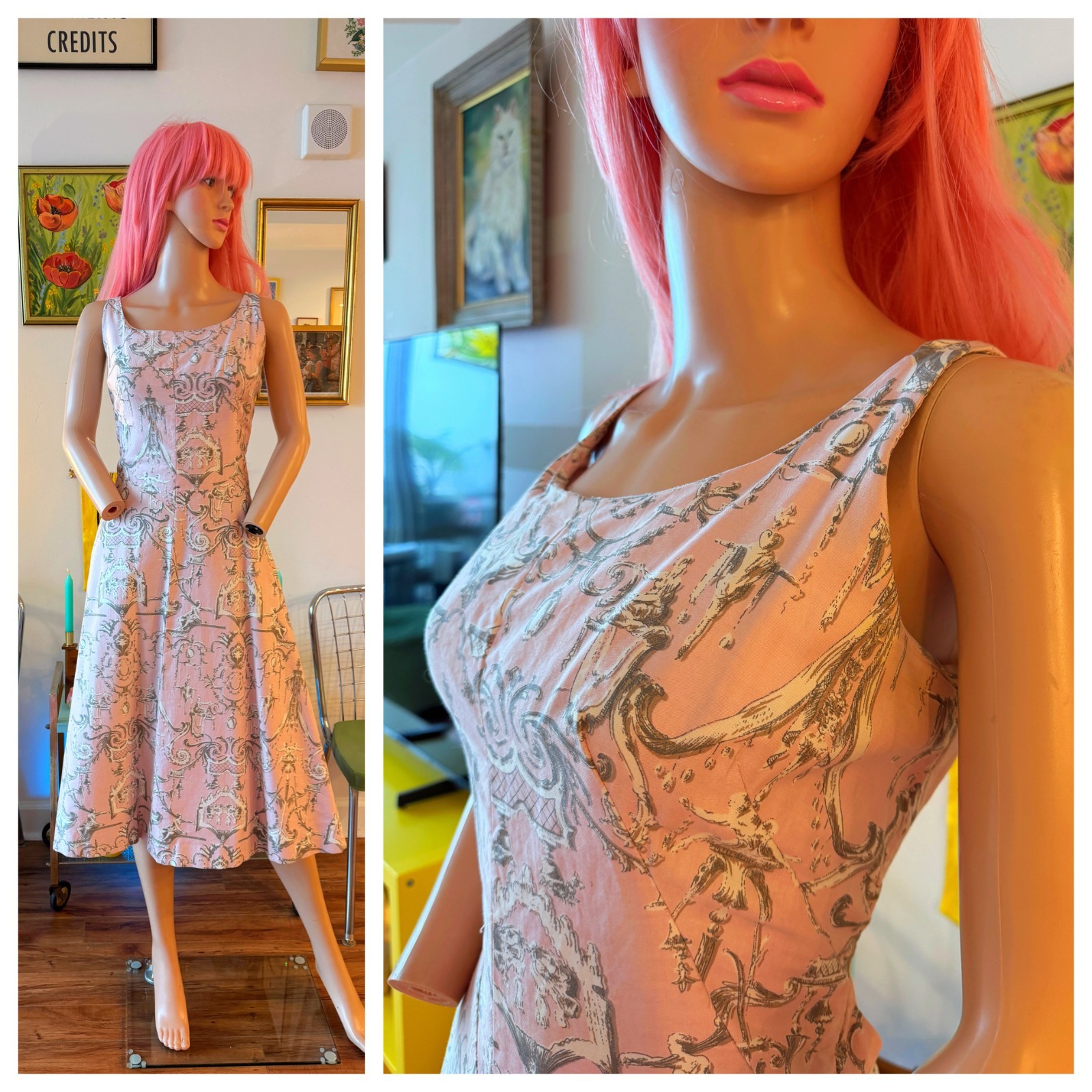 🎀 Vintage Mr Mort Pink Baroque Toile Fit & Flare Dress Full Skirt Cotton L